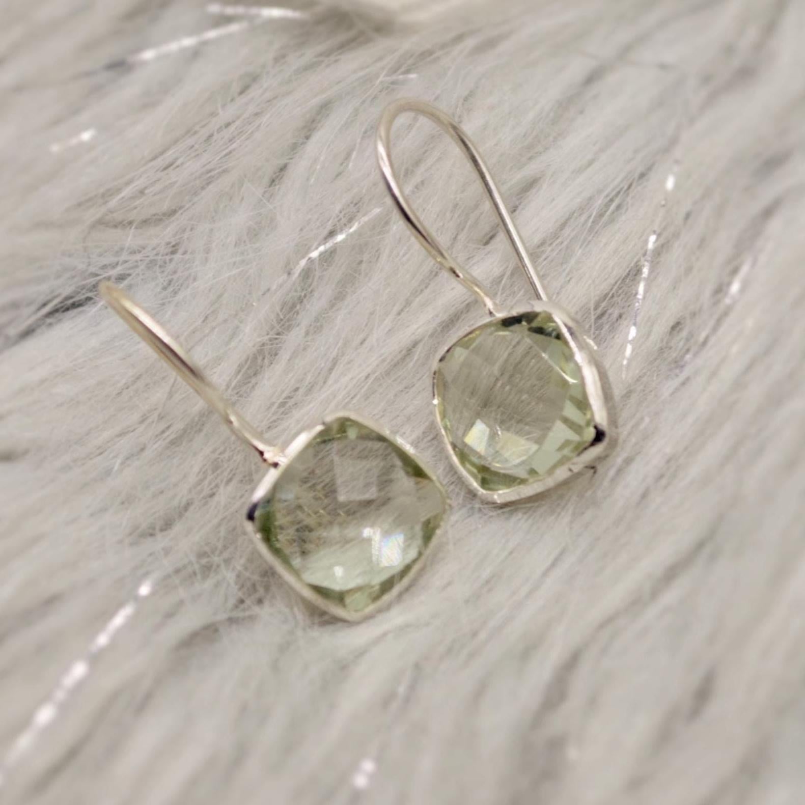 Green Amethyst Square Drop Silver Earrings, Amethyst Jewelry, Minimalist Handmade Earrings For Her, February Birthstone Earrings