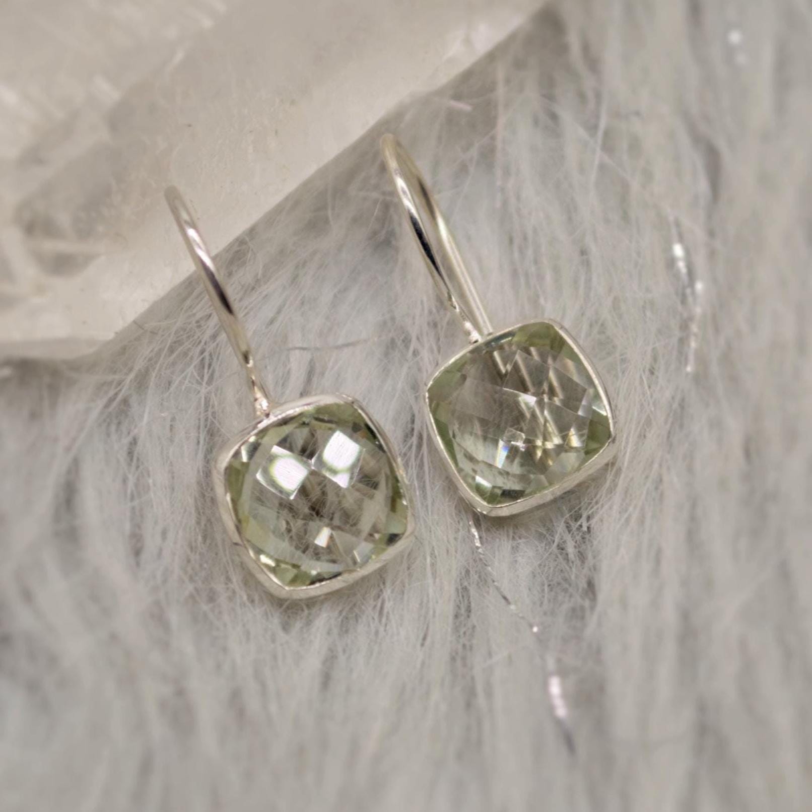 Green Amethyst Square Drop Silver Earrings, Amethyst Jewelry, Minimalist Handmade Earrings For Her, February Birthstone Earrings
