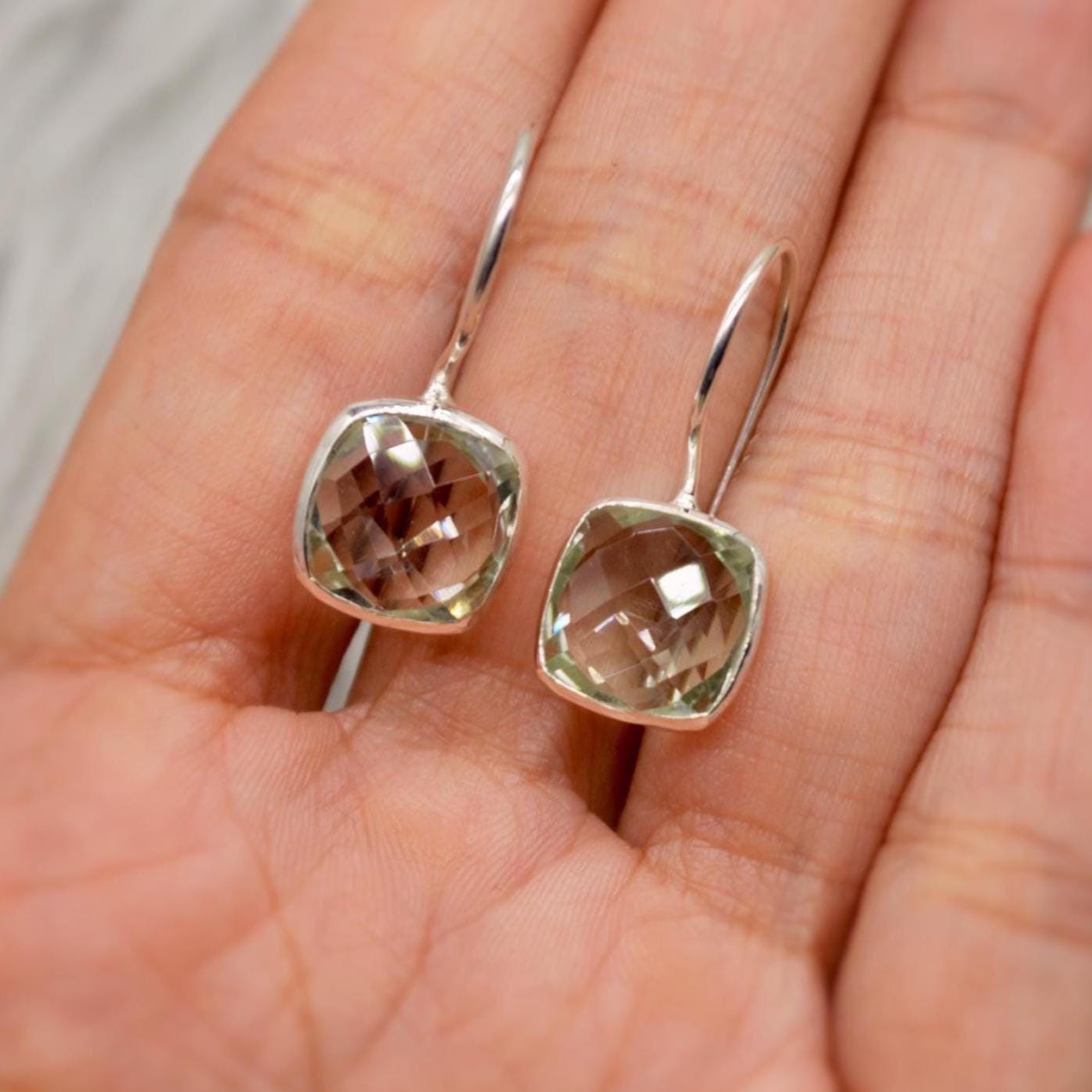 Green Amethyst Square Drop Silver Earrings, Amethyst Jewelry, Minimalist Handmade Earrings For Her, February Birthstone Earrings