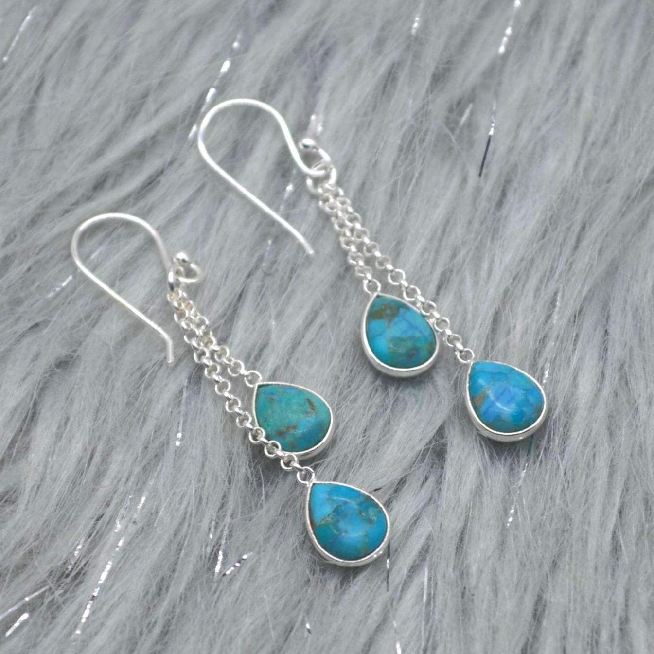 Turquoise Dangle Silver Earrings, Boho Chic December Birthstone, Blue Gemstone Jewelry, Sterling Silver, Gold Drop Earrings for Women