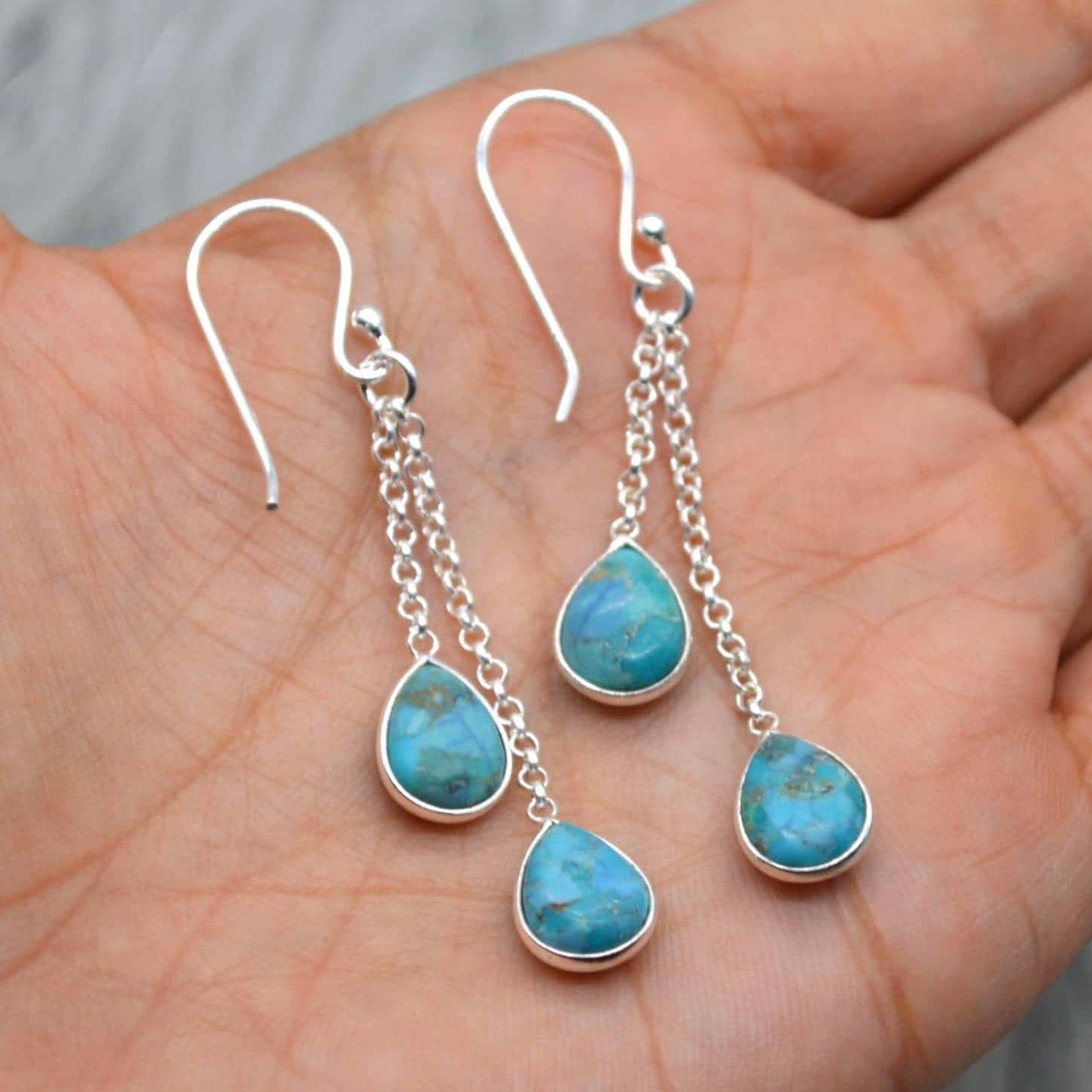 Turquoise Dangle Silver Earrings, Boho Chic December Birthstone, Blue Gemstone Jewelry, Sterling Silver, Gold Drop Earrings for Women