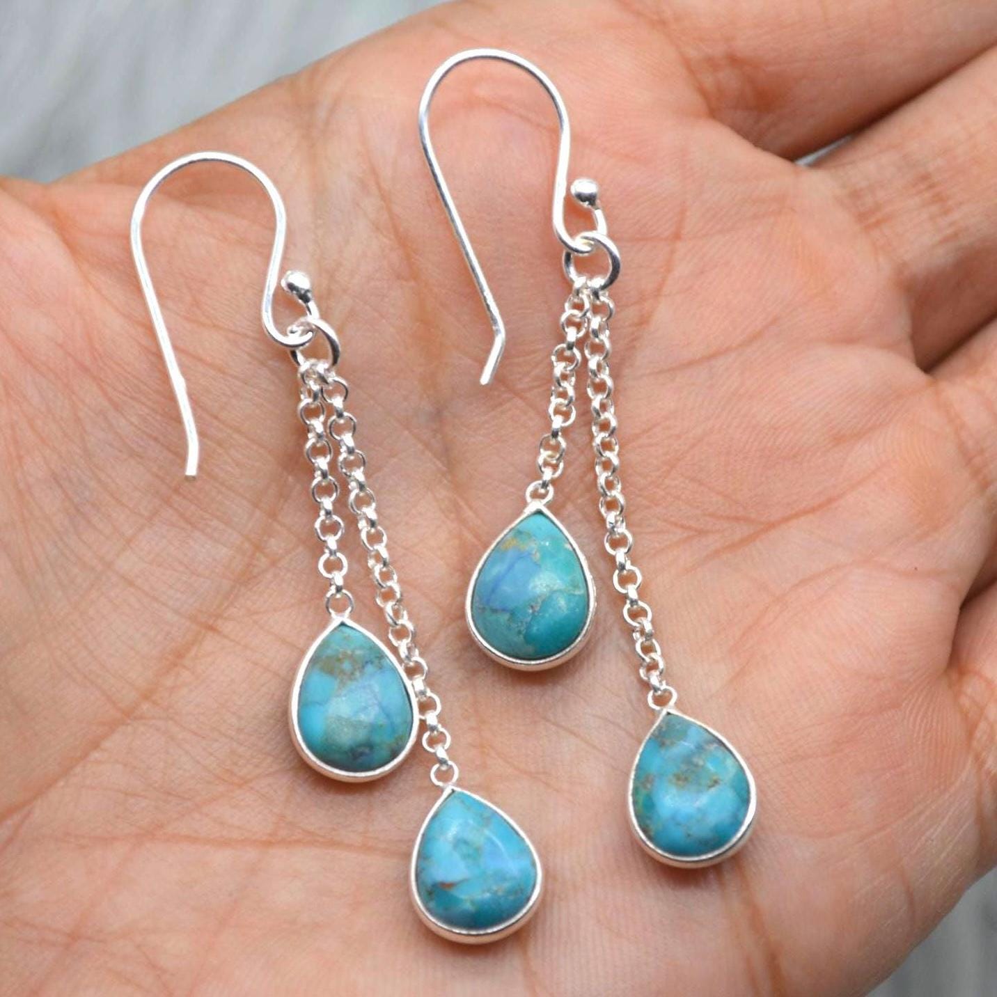 Turquoise Dangle Silver Earrings, Boho Chic December Birthstone, Blue Gemstone Jewelry, Sterling Silver, Gold Drop Earrings for Women