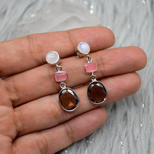 Smoky Quartz, Moonstone, Jade Earrings, Sterling Silver Earrings, Brown Gemstone Earrings, Pink Drop Earrings, Quartz Jewelry For Her