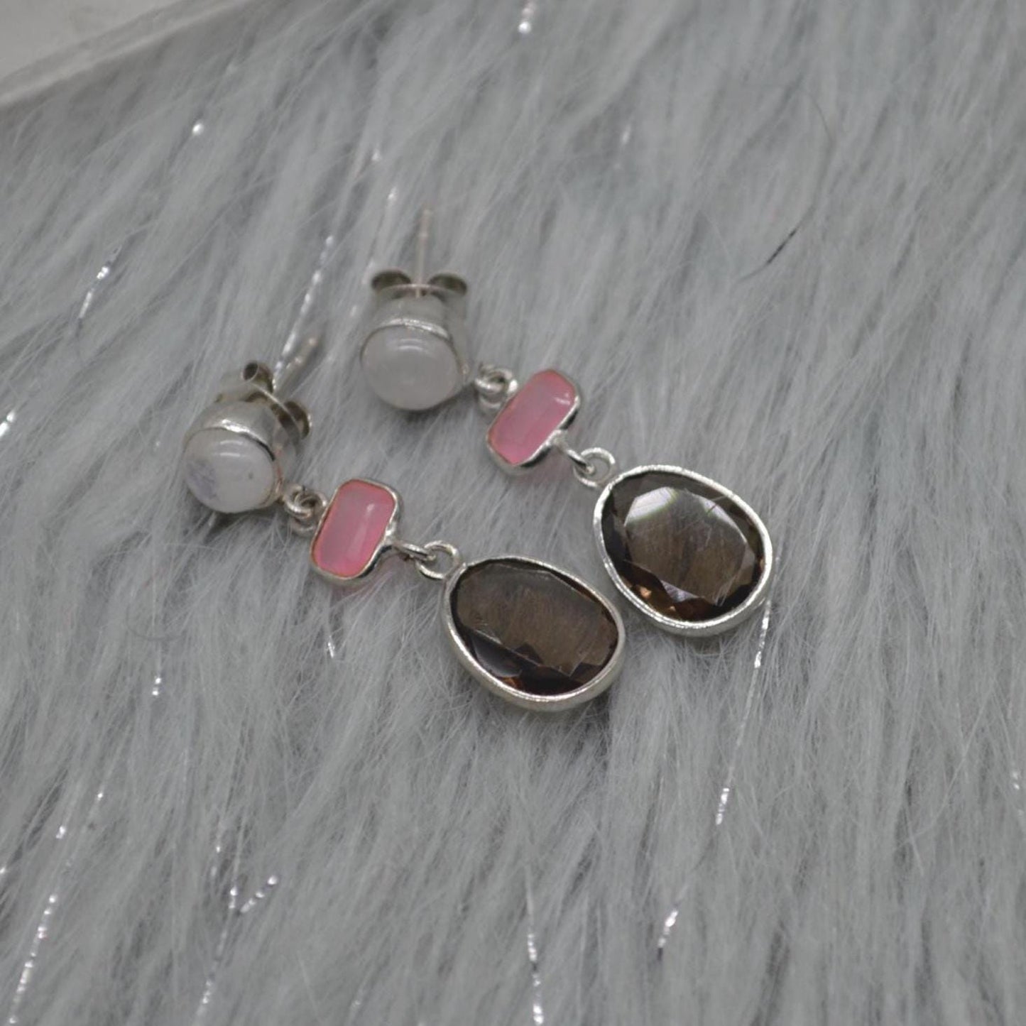 Smoky Quartz, Moonstone, Jade Earrings, Sterling Silver Earrings, Brown Gemstone Earrings, Pink Drop Earrings, Quartz Jewelry For Her