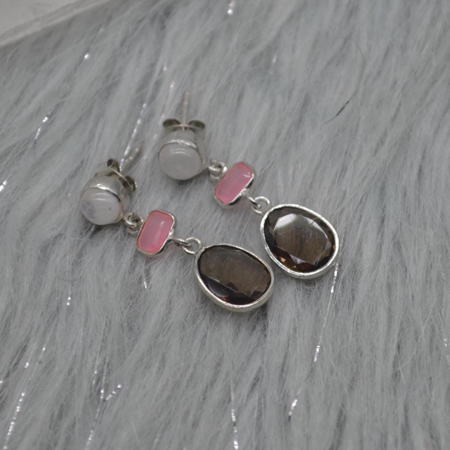 Smoky Quartz, Moonstone, Jade Earrings, Sterling Silver Earrings, Brown Gemstone Earrings, Pink Drop Earrings, Quartz Jewelry For Her