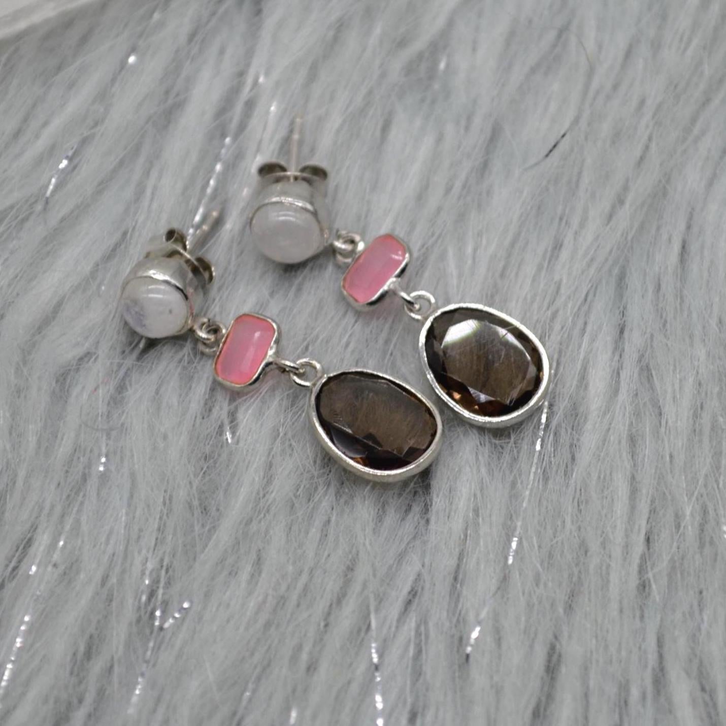 Smoky Quartz, Moonstone, Jade Earrings, Sterling Silver Earrings, Brown Gemstone Earrings, Pink Drop Earrings, Quartz Jewelry For Her