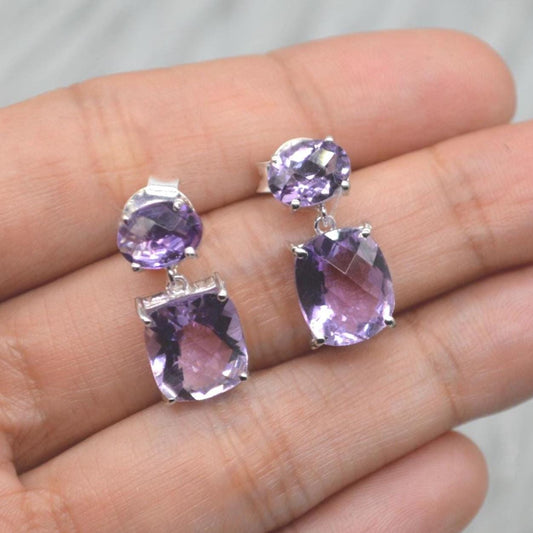 Purple Amethyst Sterling Silver Earrings, February Birthstone, Dainty Minimalist Earrings, Amethyst Jewelry, Purple Gemstone Drop Earrings