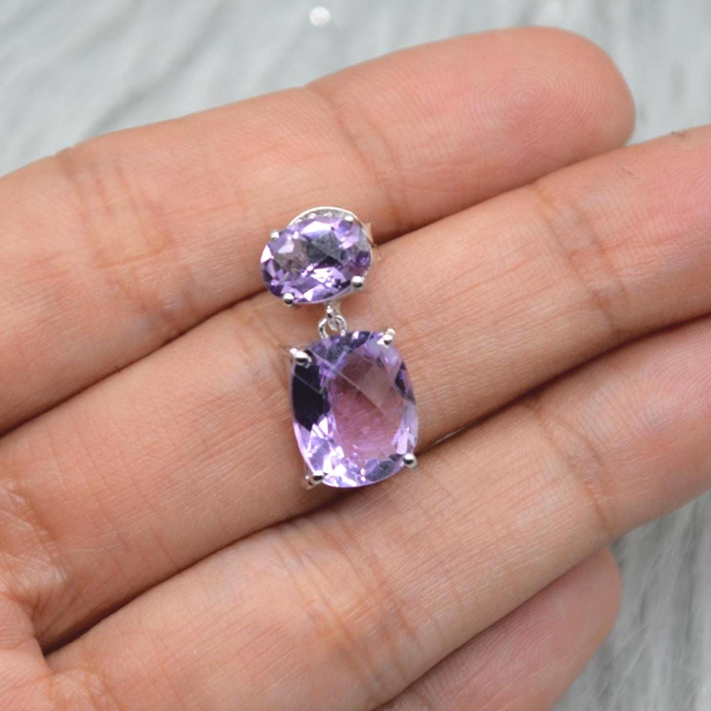 Purple Amethyst Sterling Silver Earrings, February Birthstone, Dainty Minimalist Earrings, Amethyst Jewelry, Purple Gemstone Drop Earrings