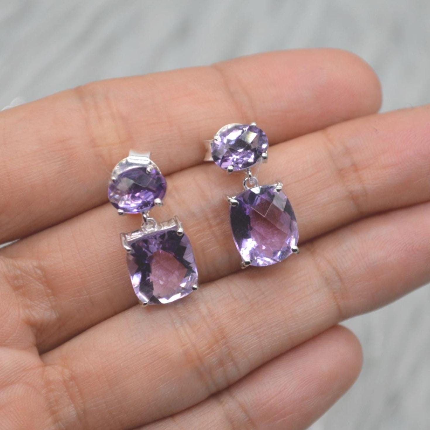 Purple Amethyst Sterling Silver Earrings, February Birthstone, Dainty Minimalist Earrings, Amethyst Jewelry, Purple Gemstone Drop Earrings