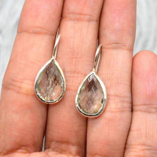 Green Amethyst Teardrop Silver Earrings, Amethyst Jewelry, Minimalist Handmade Earrings For Her, February Birthstone Earrings