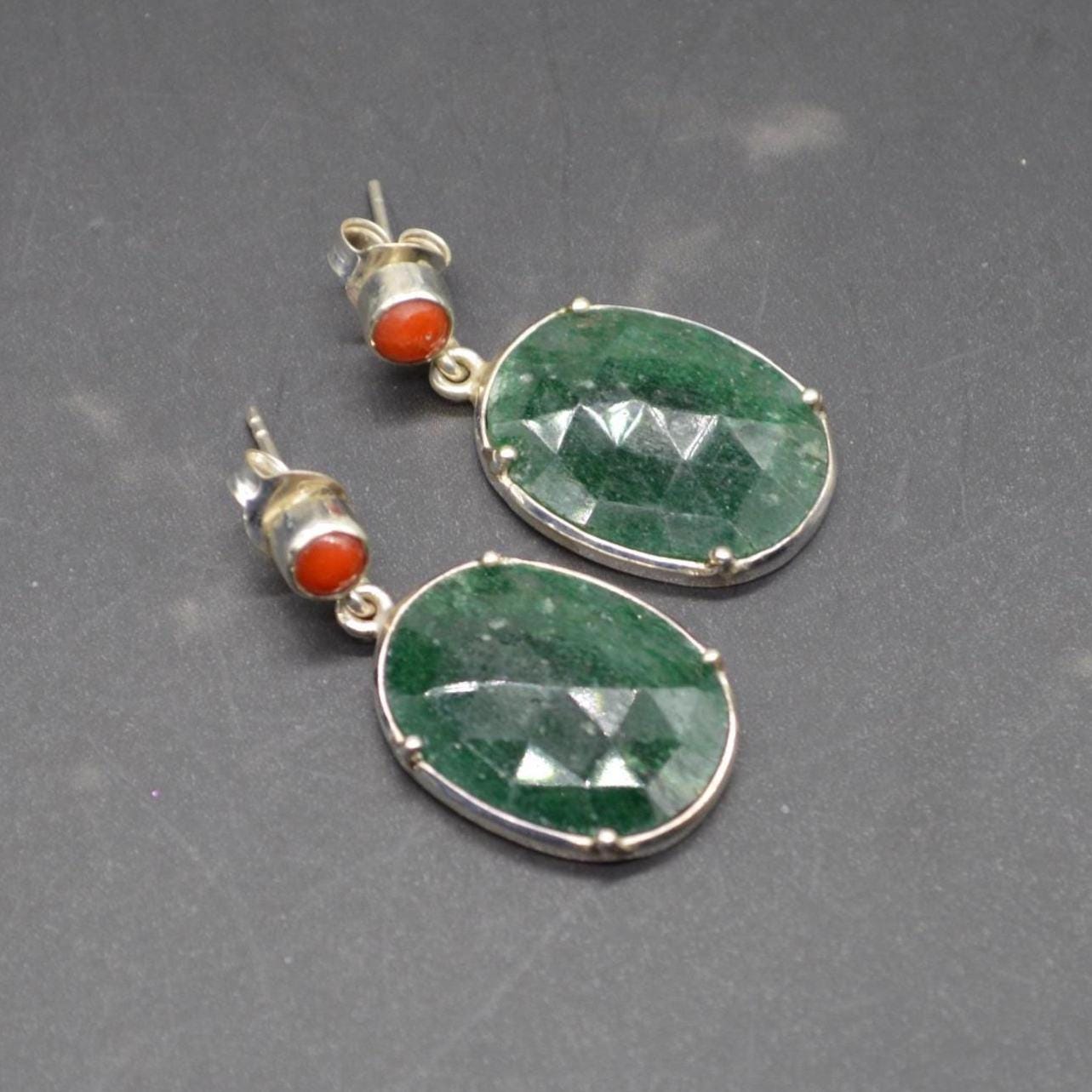Green Aventurine, Red Coral Silver Earrings, Oval Dangle Drop Earrings, Green Gemstone, Unique Handmade Sterling Silver Earrings For Her