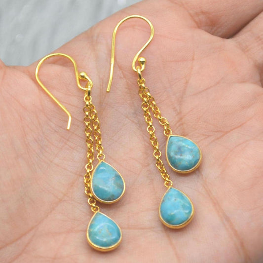 Turquoise Dangle Silver Earrings, Boho Chic December Birthstone, Blue Gemstone Jewelry, Sterling Silver, Gold Drop Earrings for Women