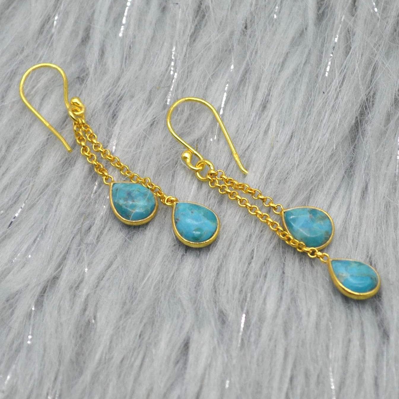 Turquoise Dangle Silver Earrings, Boho Chic December Birthstone, Blue Gemstone Jewelry, Sterling Silver, Gold Drop Earrings for Women