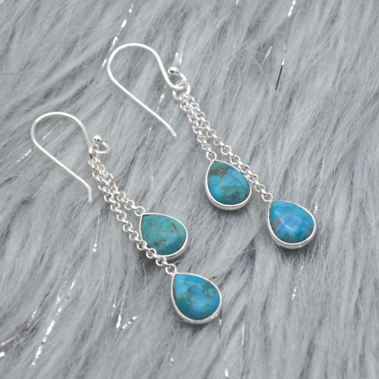 Turquoise Dangle Silver Earrings, Boho Chic December Birthstone, Blue Gemstone Jewelry, Sterling Silver, Gold Drop Earrings for Women