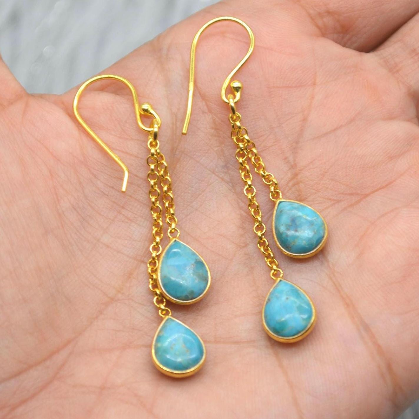 Turquoise Dangle Silver Earrings, Boho Chic December Birthstone, Blue Gemstone Jewelry, Sterling Silver, Gold Drop Earrings for Women