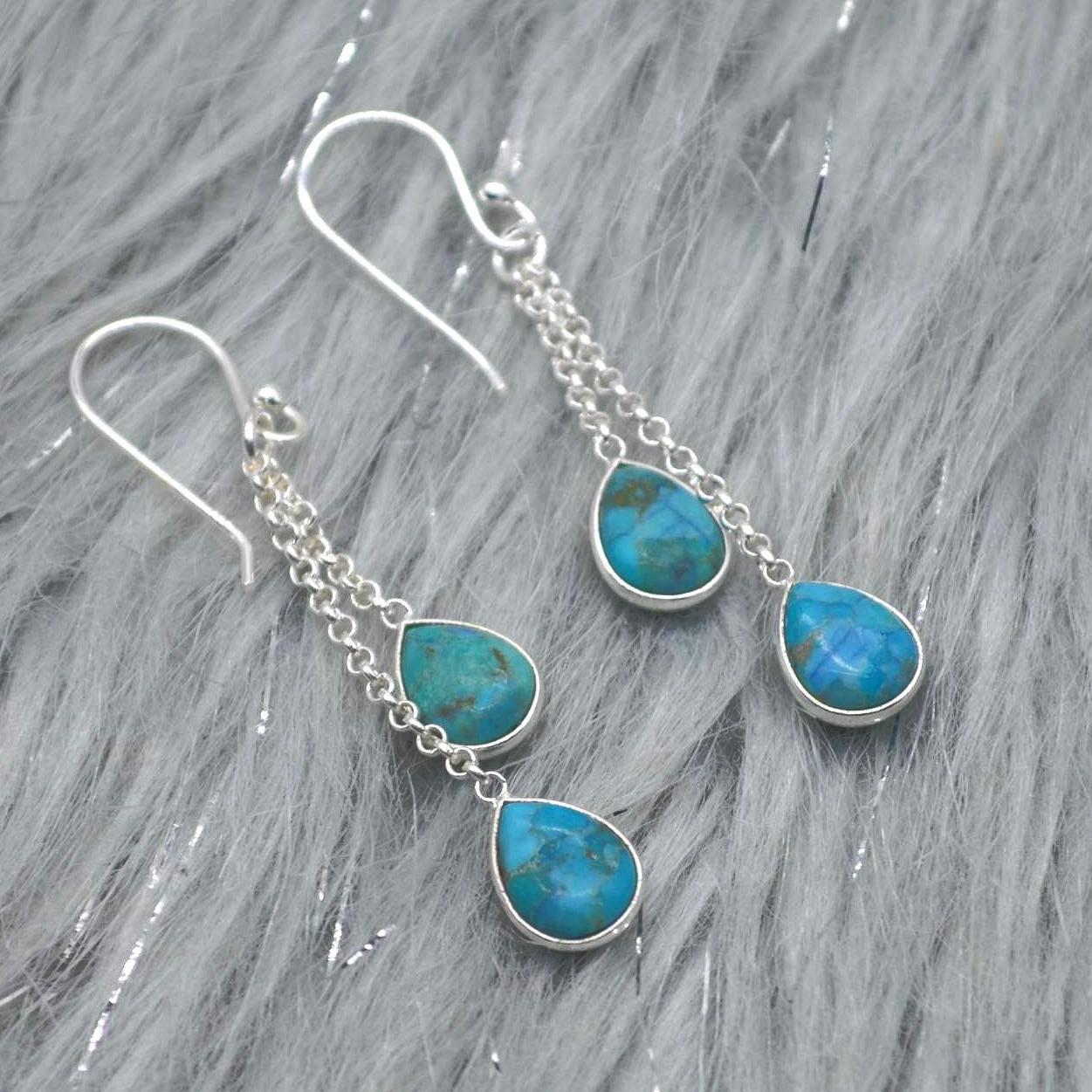 Turquoise Dangle Silver Earrings, Boho Chic December Birthstone, Blue Gemstone Jewelry, Sterling Silver, Gold Drop Earrings for Women