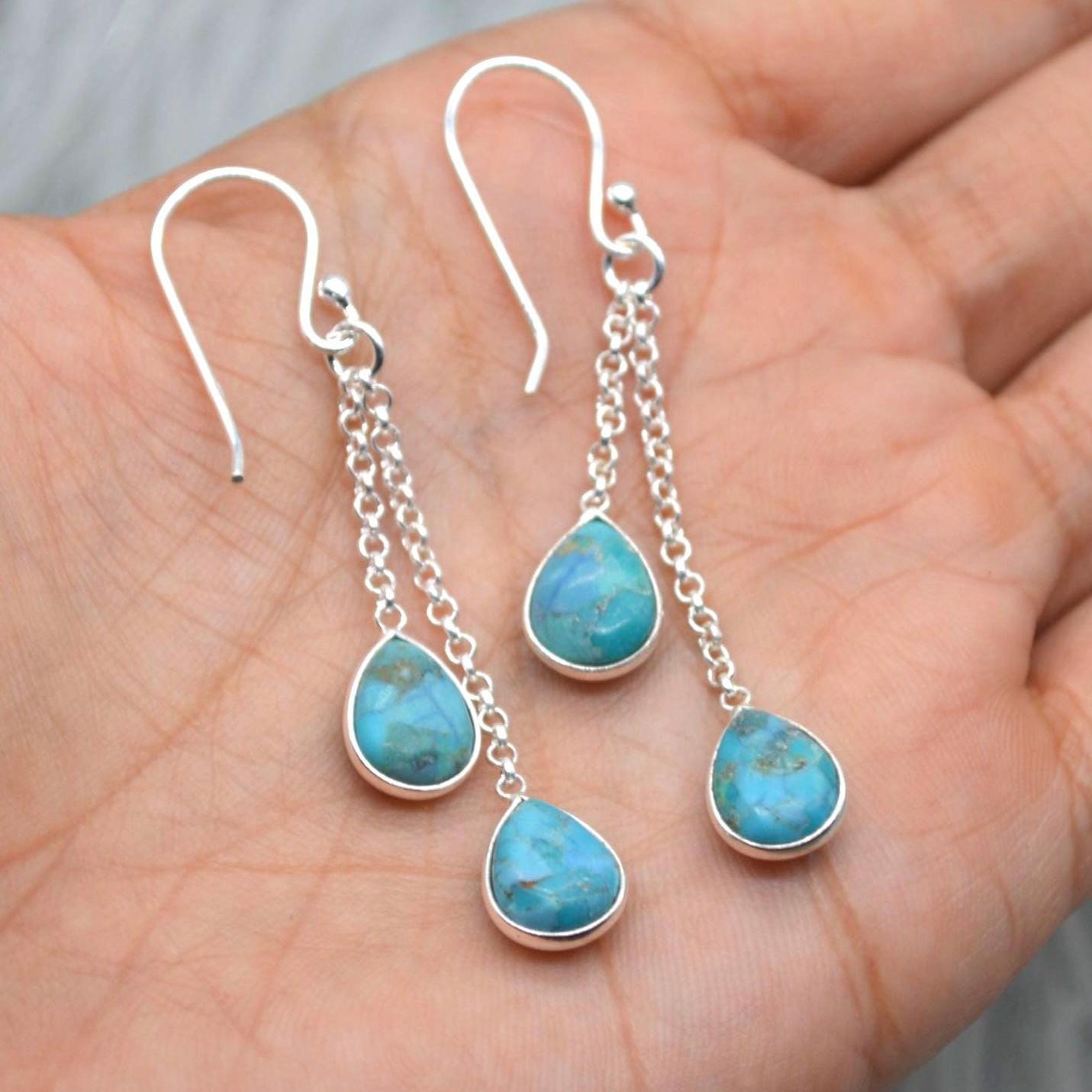 Turquoise Dangle Silver Earrings, Boho Chic December Birthstone, Blue Gemstone Jewelry, Sterling Silver, Gold Drop Earrings for Women