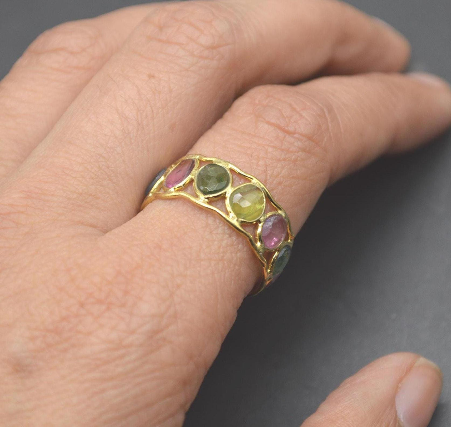 Green Pink Tourmaline Ring, Stacking Gold Ring, Gemstone Sterling Silver Ring, Tourmaline Jewelry, October Birthstone Ring, Size O Ring