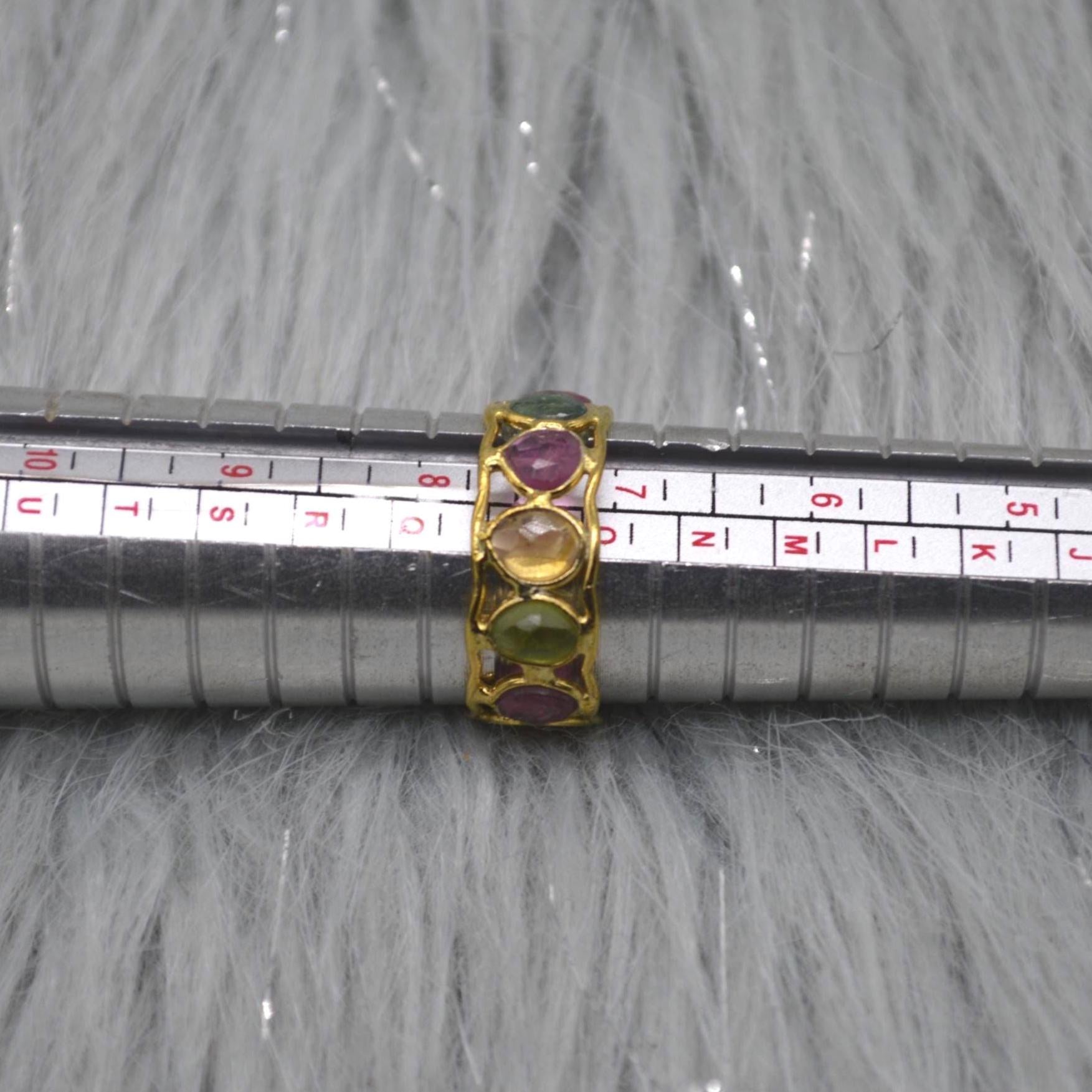 Green Pink Tourmaline Ring, Stacking Gold Ring, Gemstone Sterling Silver Ring, Tourmaline Jewelry, October Birthstone Ring, Size O Ring