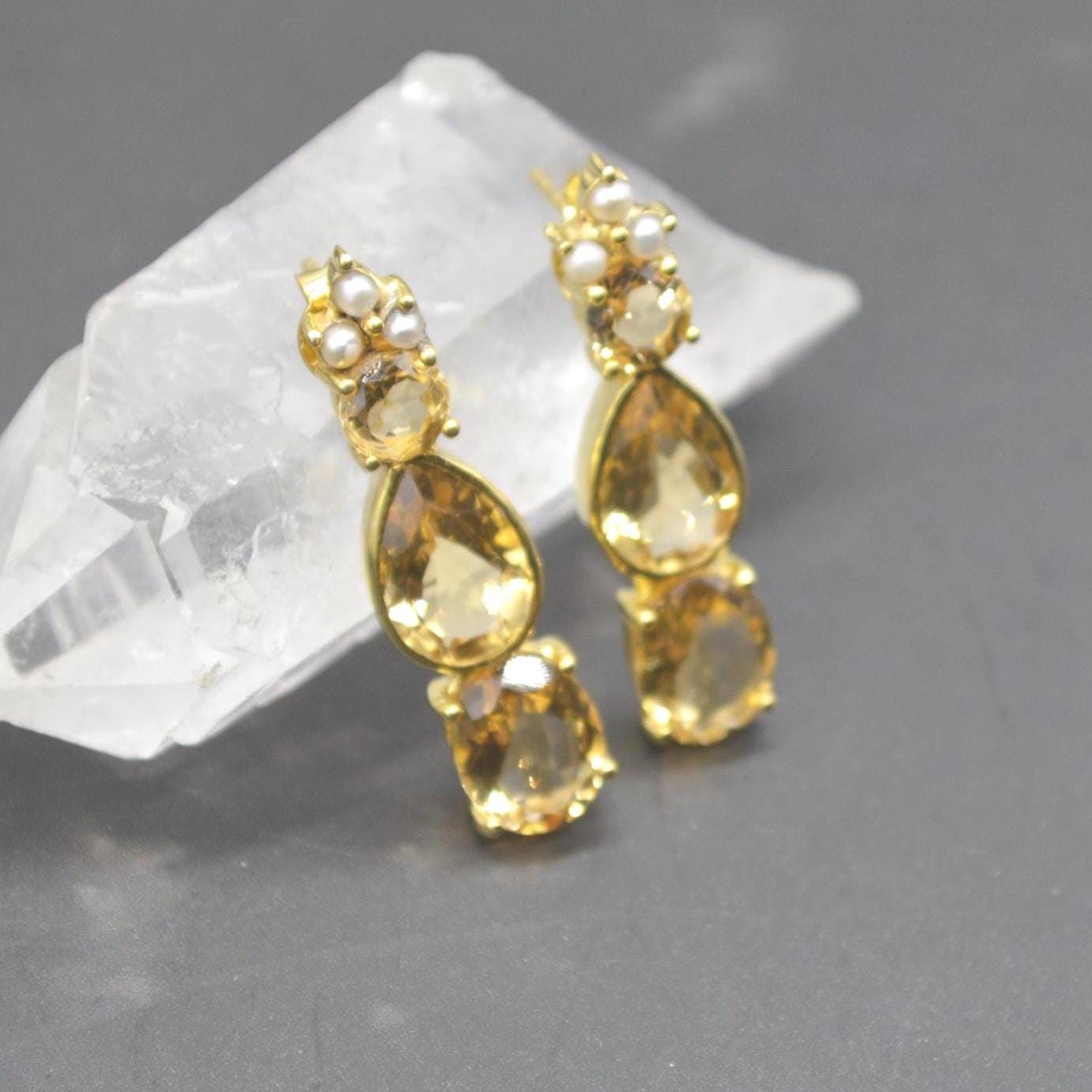 Pearl, Citrine Teardrop Earrings, Citrine Jewelry, November Birthstone Citrine Earrings, Pearl Jewelry, Yellow Gemstone Earrings For Women