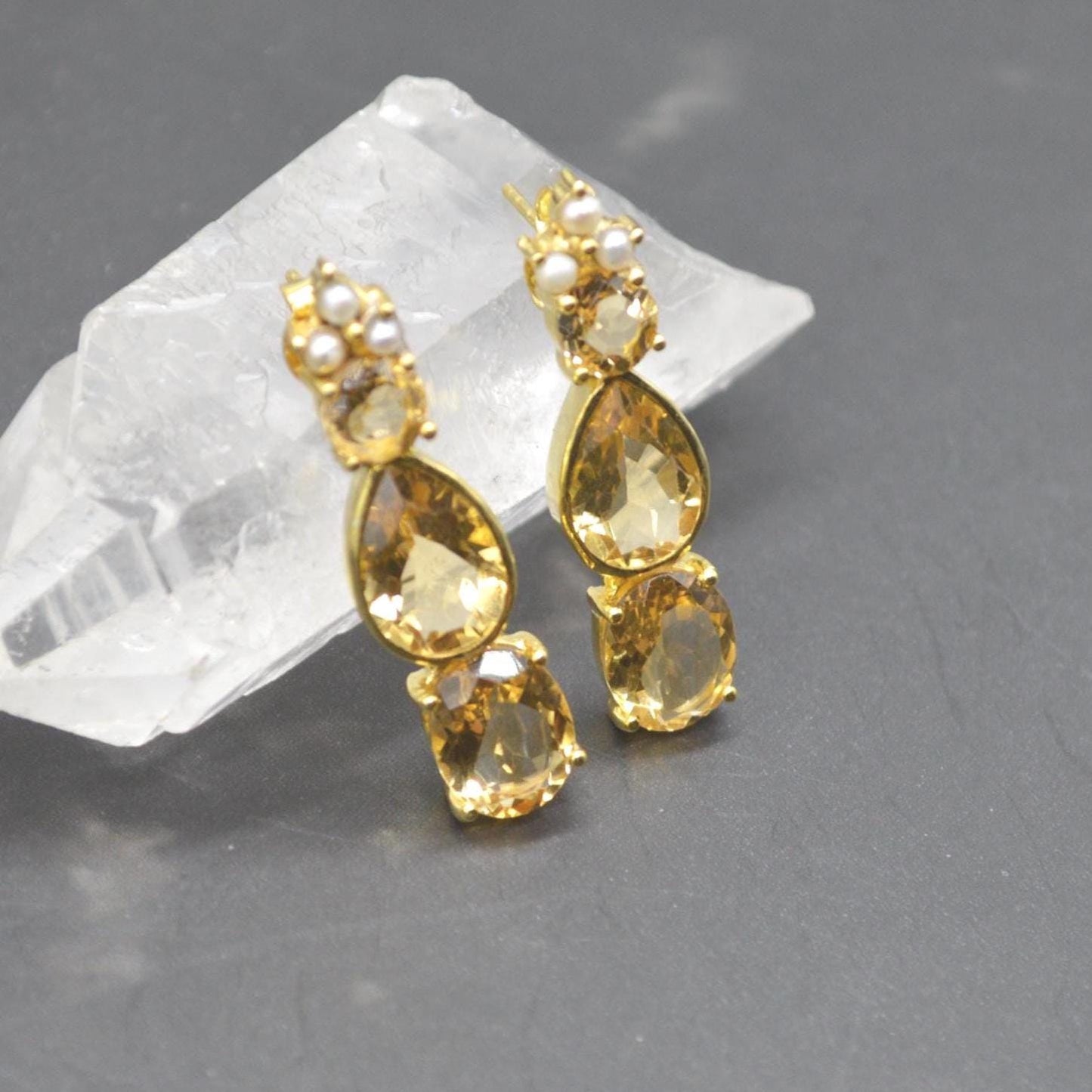 Pearl, Citrine Teardrop Earrings, Citrine Jewelry, November Birthstone Citrine Earrings, Pearl Jewelry, Yellow Gemstone Earrings For Women