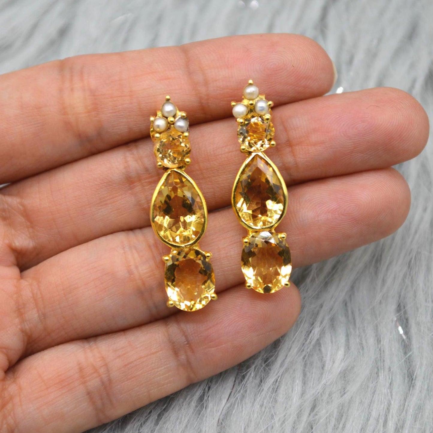 Pearl, Citrine Teardrop Earrings, Citrine Jewelry, November Birthstone Citrine Earrings, Pearl Jewelry, Yellow Gemstone Earrings For Women