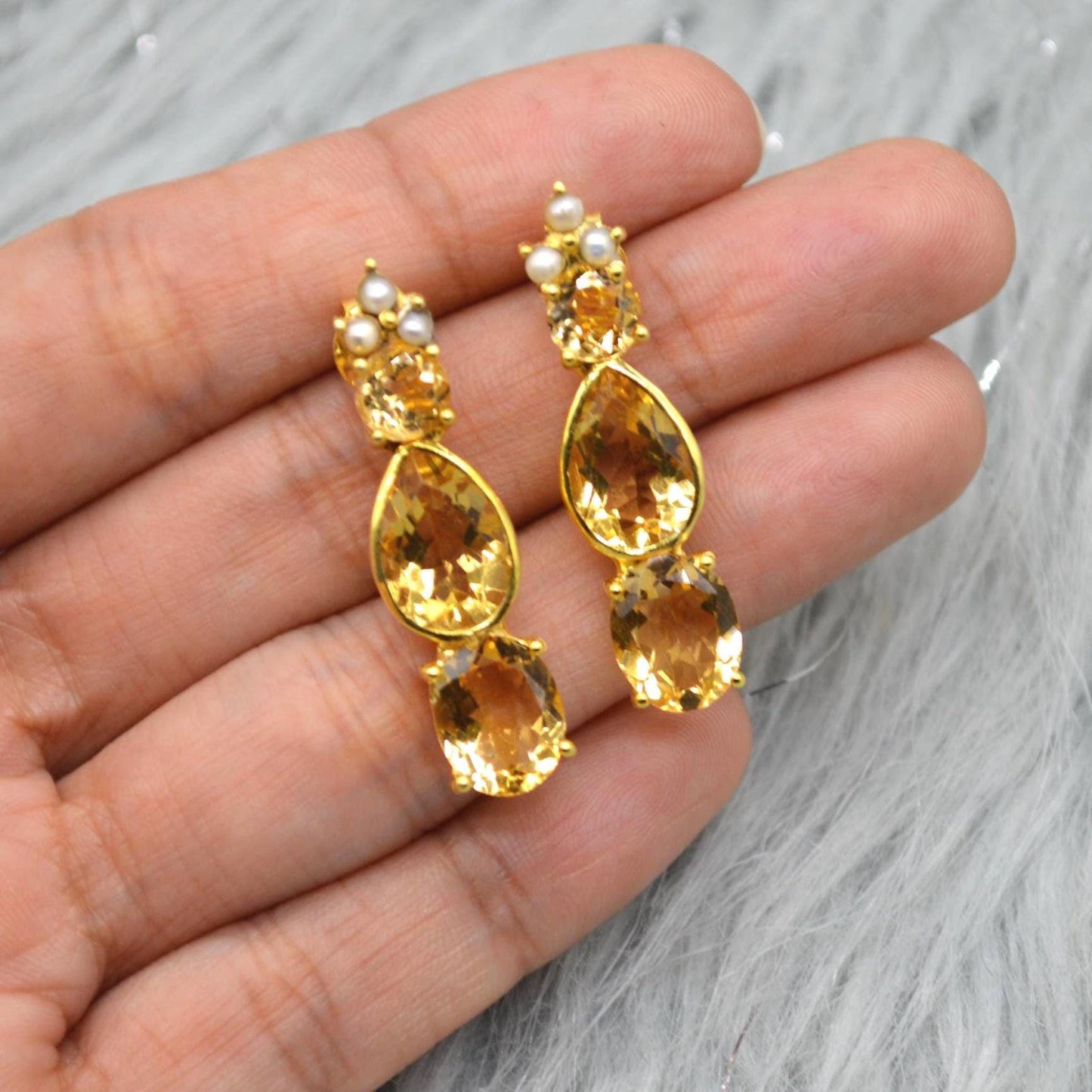 Pearl, Citrine Teardrop Earrings, Citrine Jewelry, November Birthstone Citrine Earrings, Pearl Jewelry, Yellow Gemstone Earrings For Women