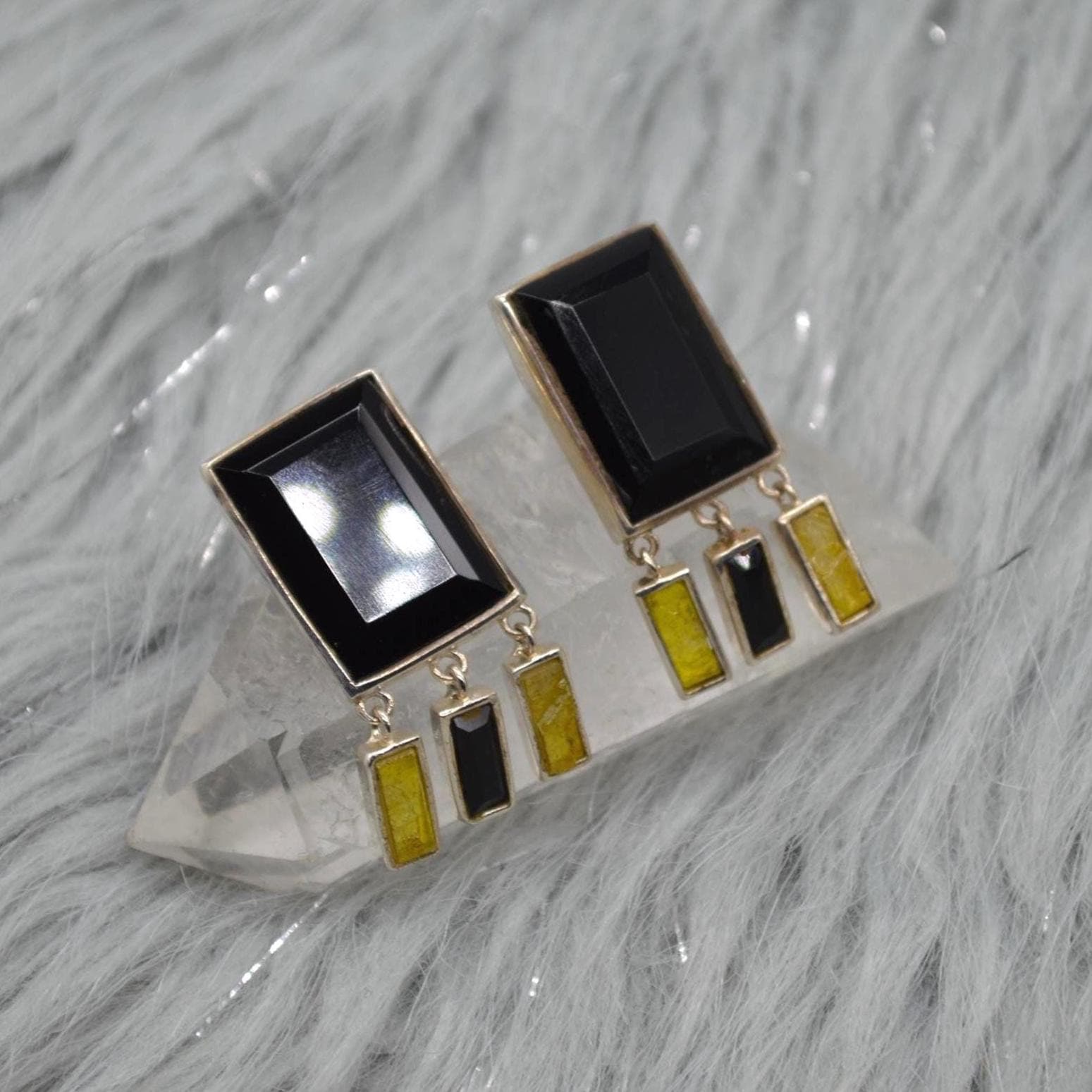 Black Onyx, Raw Sapphire Sterling Silver Earrings, Yellow Sapphire Earrings, Onyx Jewelry, September Birthstone, Gemstone Earrings For Women