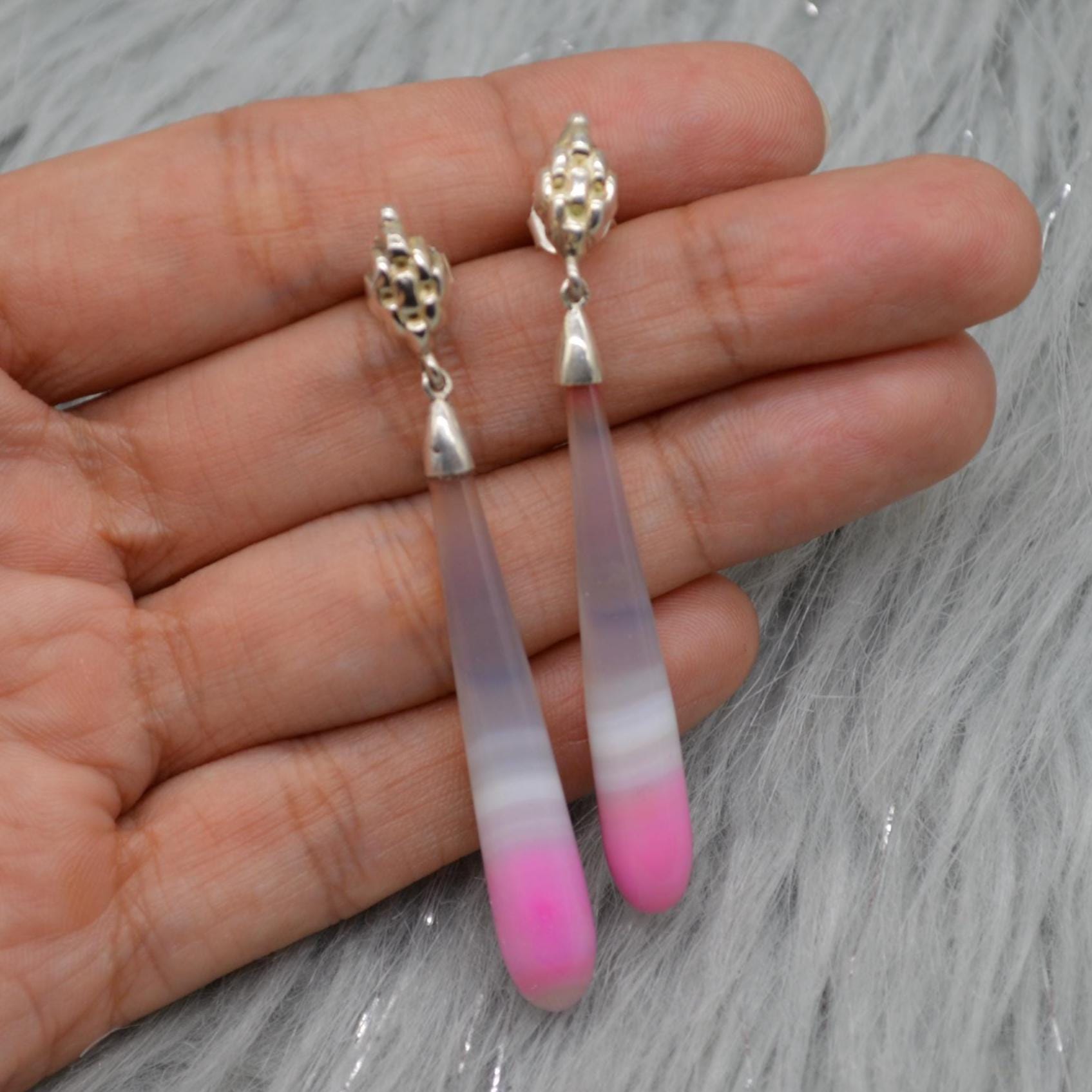 Pink Chalcedony Drop Earrings, Sterling Silver Dangle Earrings, Chalcedony Jewelry, Pink Gemstone Earrings, Long Earrings, Gifts For Her