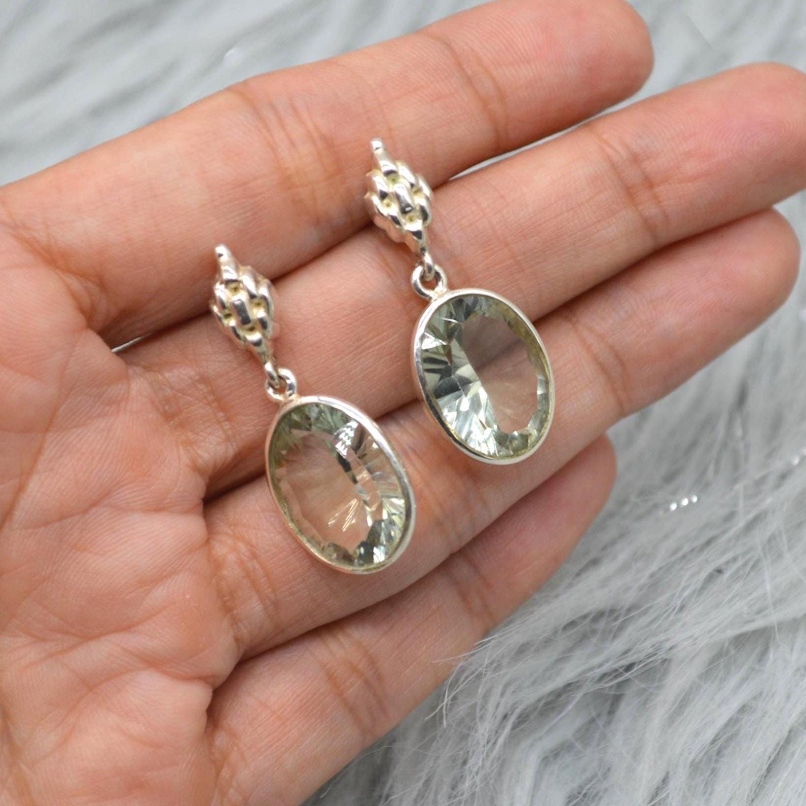 Green Amethyst Silver Earrings, February Birthstone Earrings, Amethyst Jewelry, Green Gemstone Earrings, Oval Drop Earrings For Her
