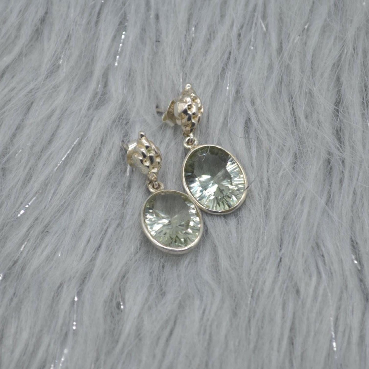 Green Amethyst Silver Earrings, February Birthstone Earrings, Amethyst Jewelry, Green Gemstone Earrings, Oval Drop Earrings For Her