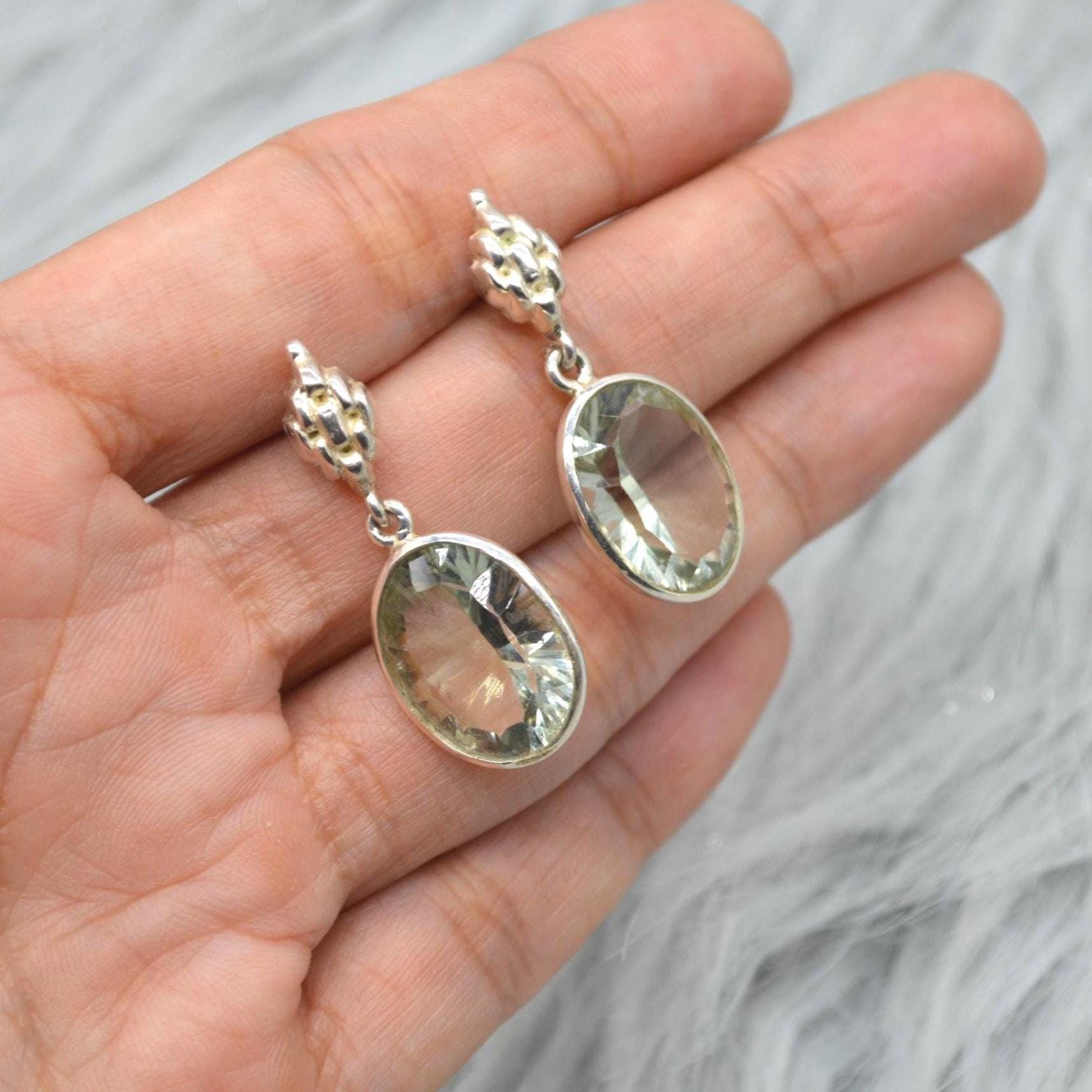 Green Amethyst Silver Earrings, February Birthstone Earrings, Amethyst Jewelry, Green Gemstone Earrings, Oval Drop Earrings For Her