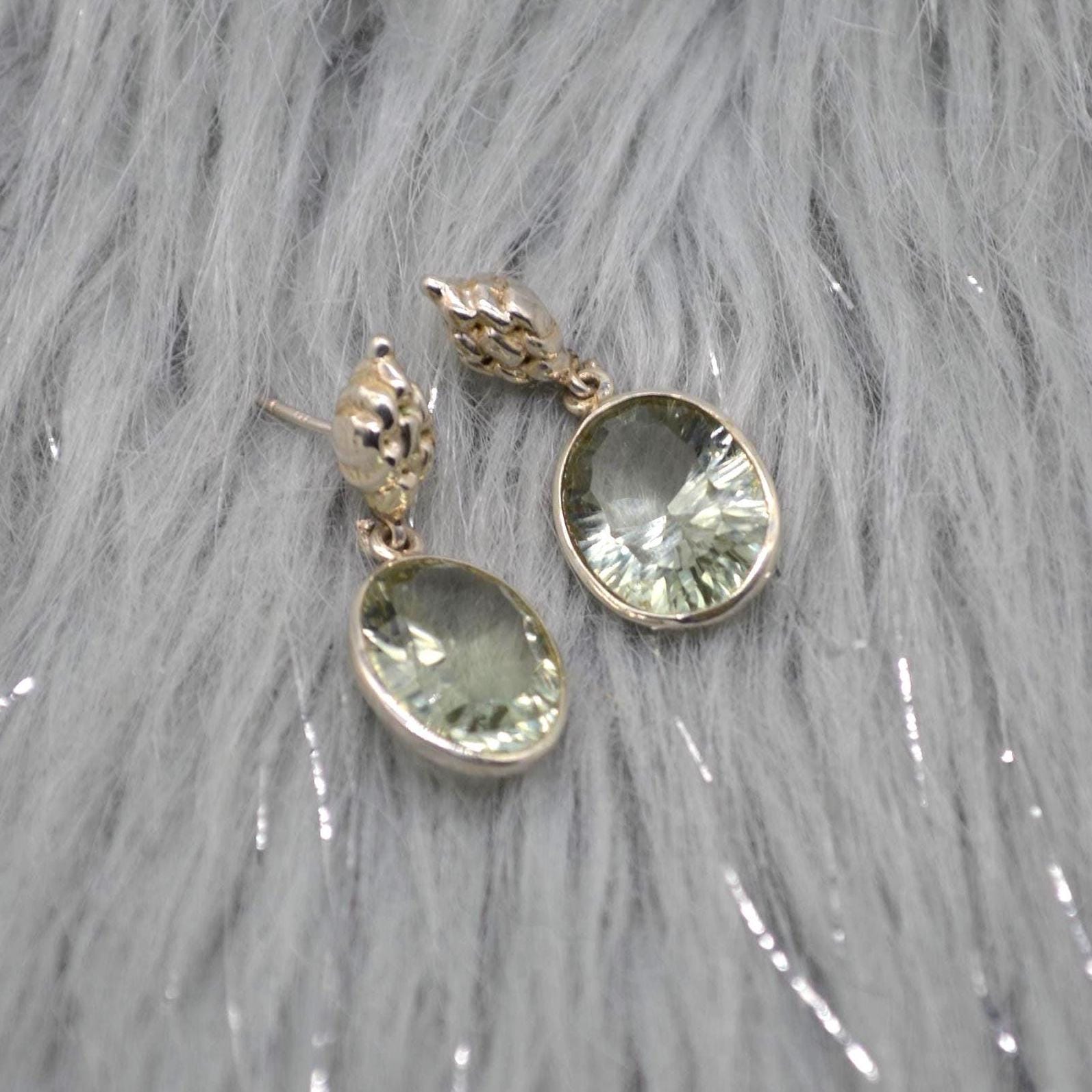 Green Amethyst Silver Earrings, February Birthstone Earrings, Amethyst Jewelry, Green Gemstone Earrings, Oval Drop Earrings For Her