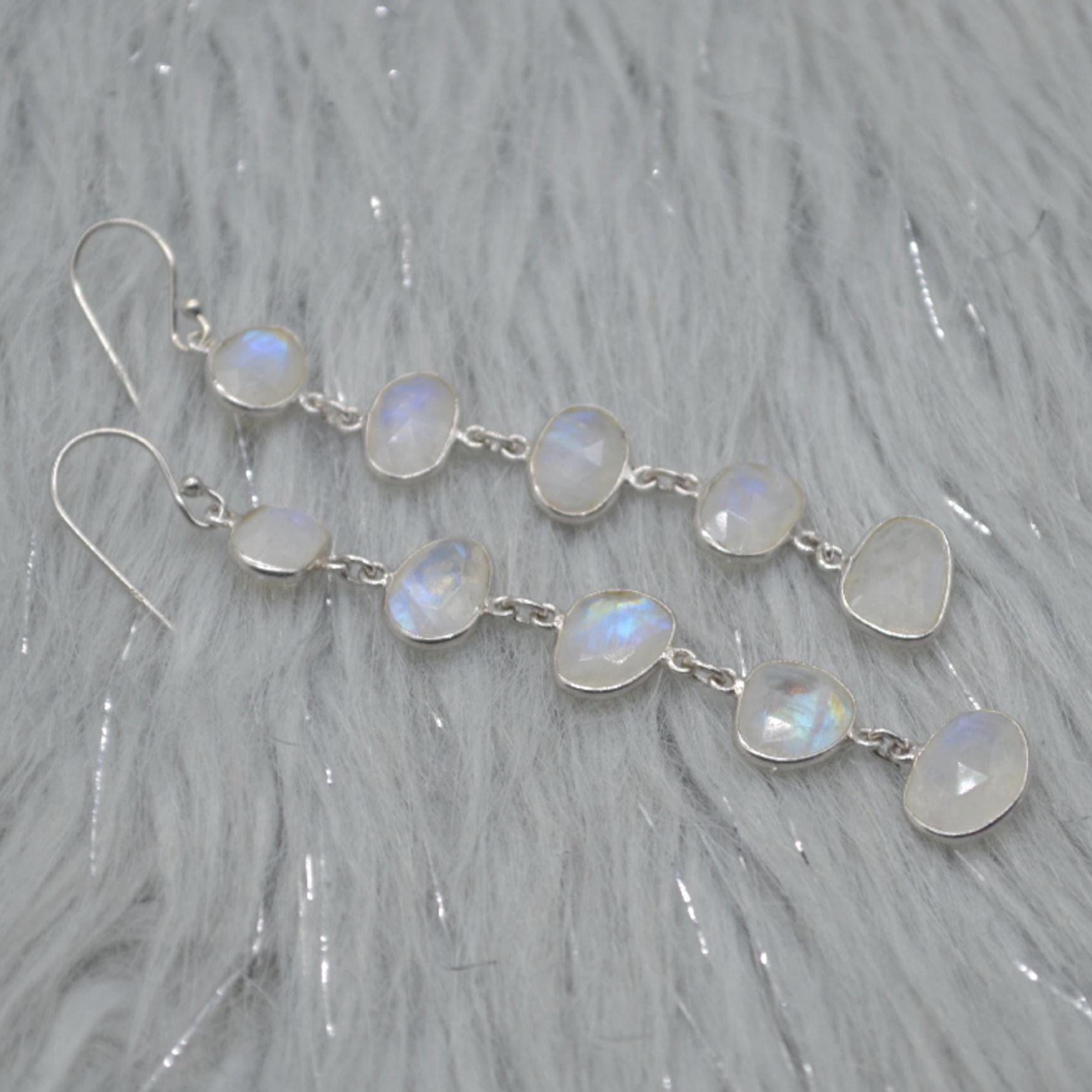 Rainbow Moonstone Sterling Silver Earrings, Moonstone Jewelry, Long Dangle Drop Earrings, Unique Handmade Gemstone Earrings, Gifts For Her