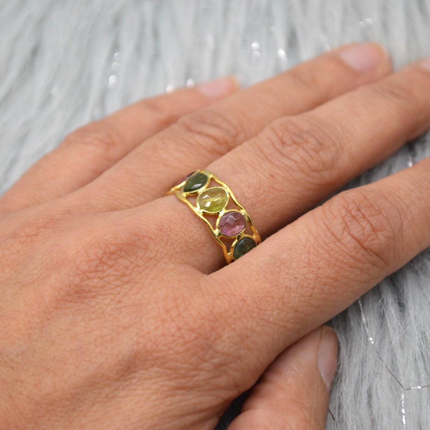 Green Pink Tourmaline Ring, Stacking Gold Ring, Gemstone Sterling Silver Ring, Tourmaline Jewelry, October Birthstone Ring, Size O Ring