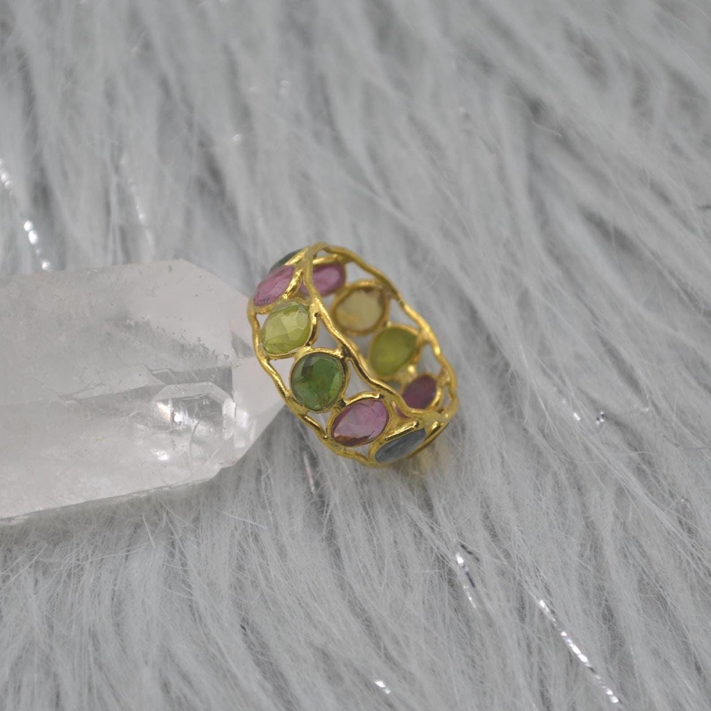 Green Pink Tourmaline Ring, Stacking Gold Ring, Gemstone Sterling Silver Ring, Tourmaline Jewelry, October Birthstone Ring, Size O Ring