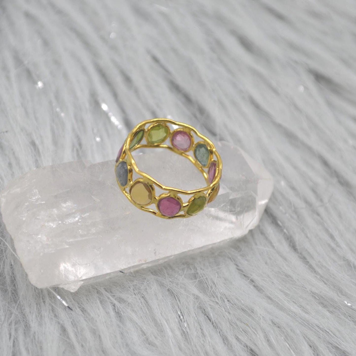 Green Pink Tourmaline Ring, Stacking Gold Ring, Gemstone Sterling Silver Ring, Tourmaline Jewelry, October Birthstone Ring, Size O Ring