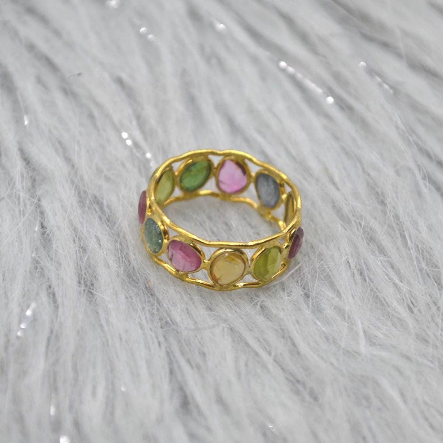 Green Pink Tourmaline Ring, Stacking Gold Ring, Gemstone Sterling Silver Ring, Tourmaline Jewelry, October Birthstone Ring, Size O Ring