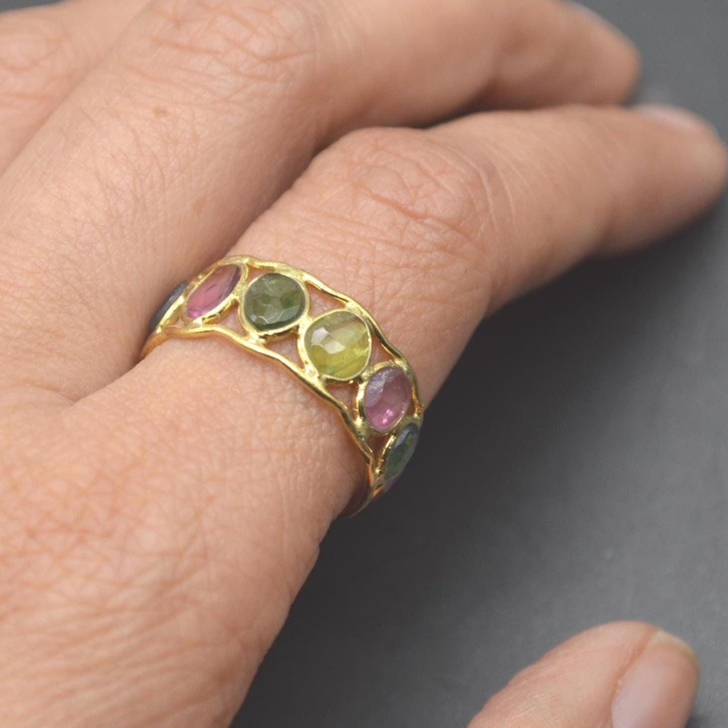 Green Pink Tourmaline Ring, Stacking Gold Ring, Gemstone Sterling Silver Ring, Tourmaline Jewelry, October Birthstone Ring, Size O Ring