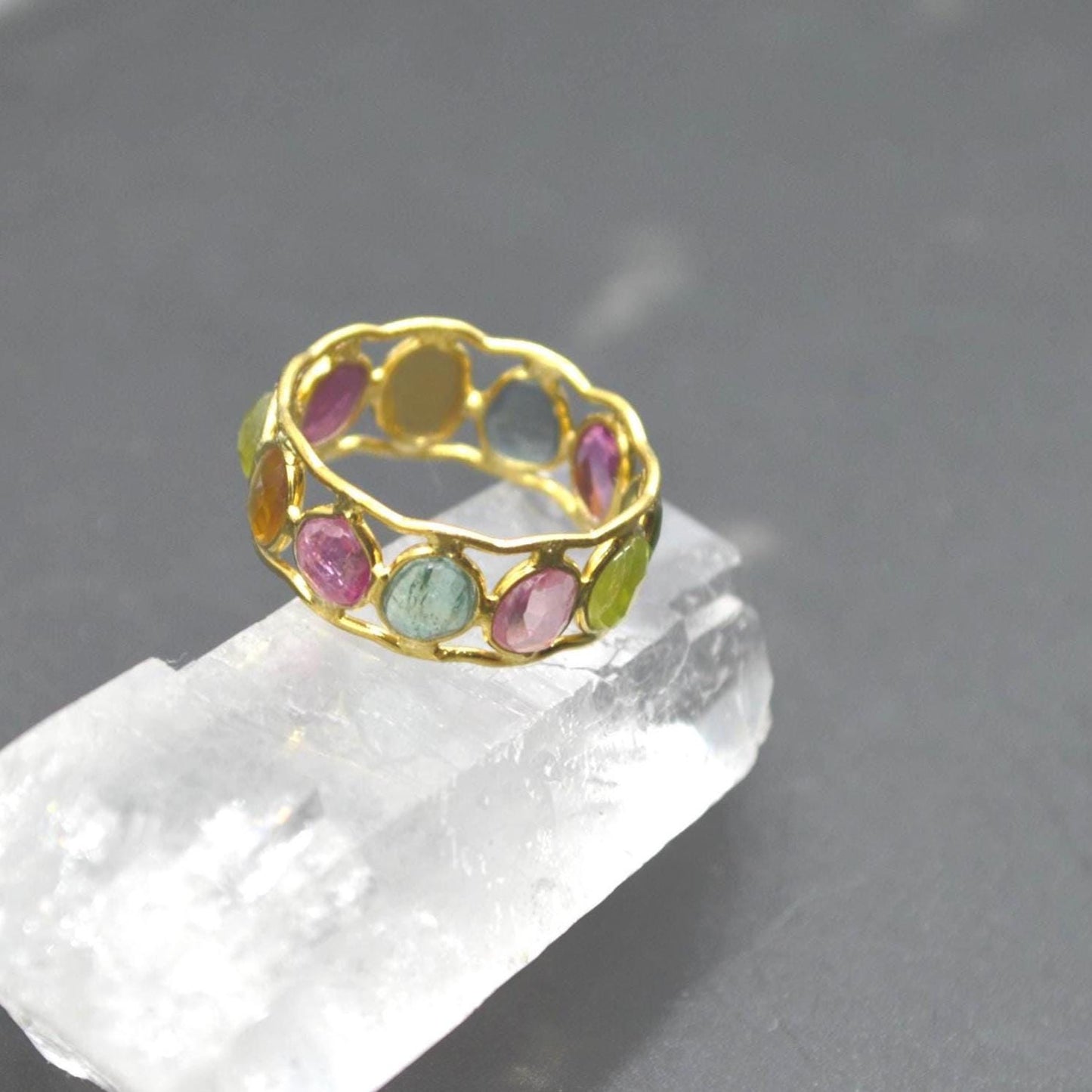 Green Pink Tourmaline Ring, Stacking Gold Ring, Gemstone Sterling Silver Ring, Tourmaline Jewelry, October Birthstone Ring, Size O Ring