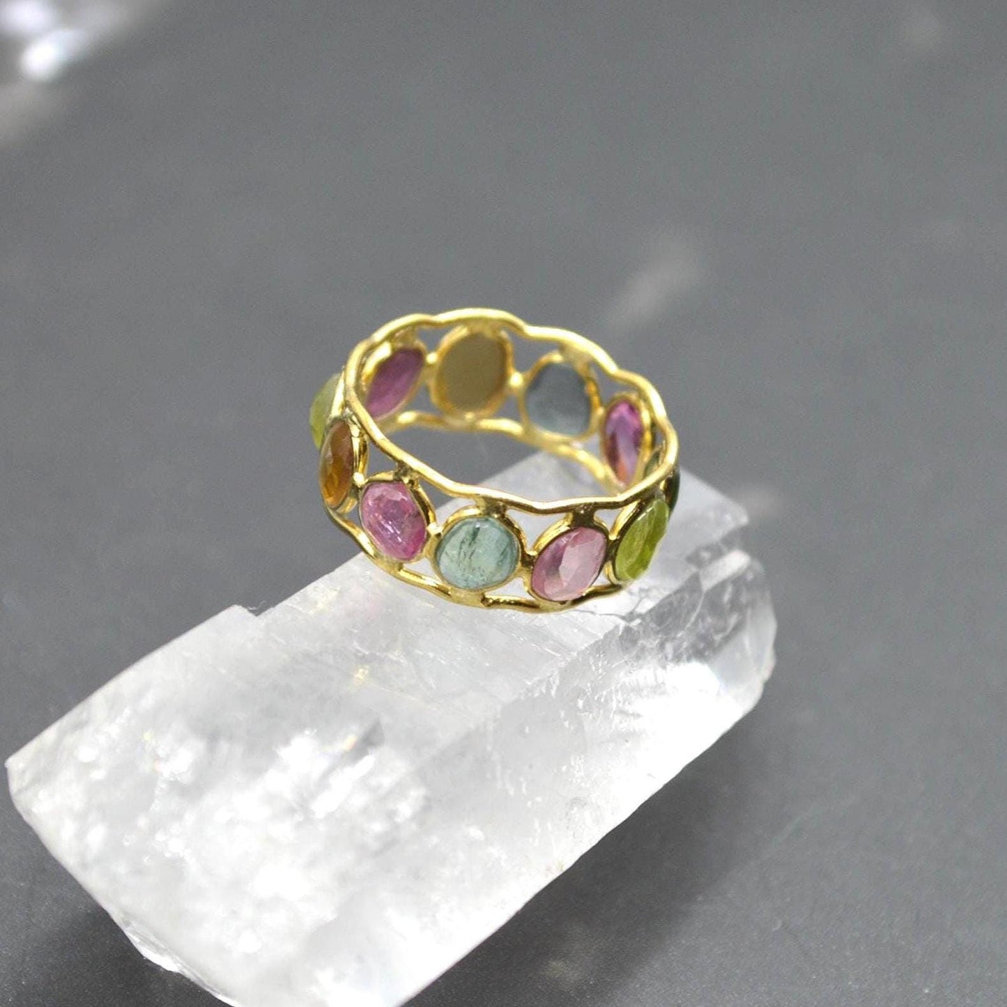 Green Pink Tourmaline Ring, Stacking Gold Ring, Gemstone Sterling Silver Ring, Tourmaline Jewelry, October Birthstone Ring, Size O Ring