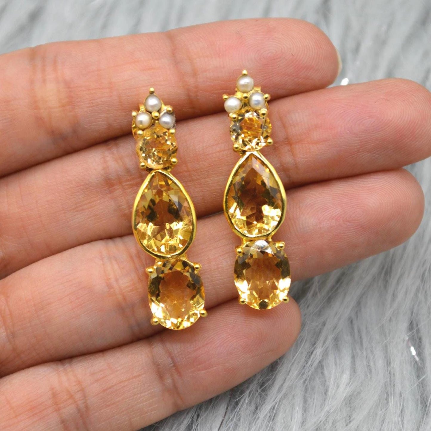 Pearl, Citrine Teardrop Earrings, Citrine Jewelry, November Birthstone Citrine Earrings, Pearl Jewelry, Yellow Gemstone Earrings For Women