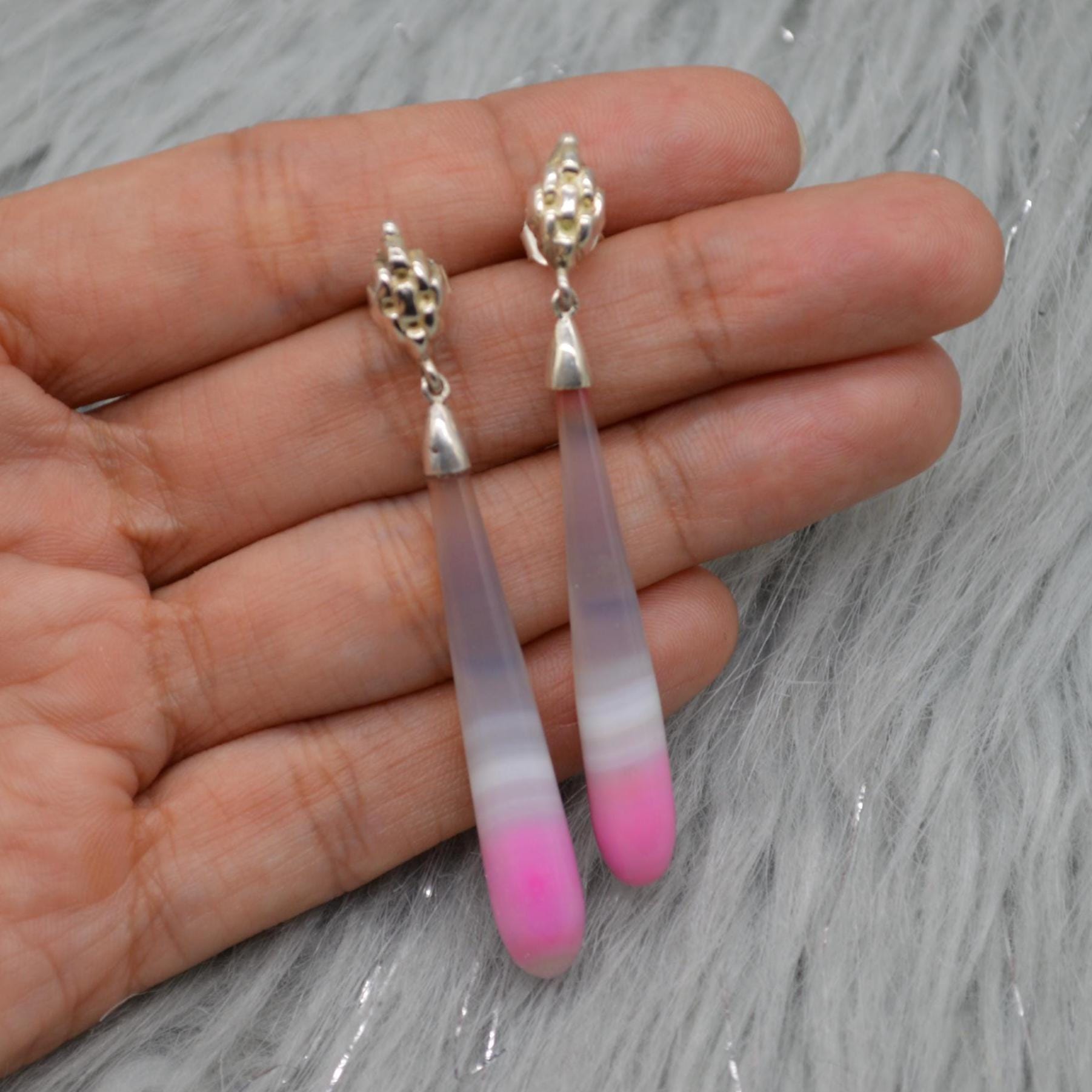 Pink Chalcedony Drop Earrings, Sterling Silver Dangle Earrings, Chalcedony Jewelry, Pink Gemstone Earrings, Long Earrings, Gifts For Her