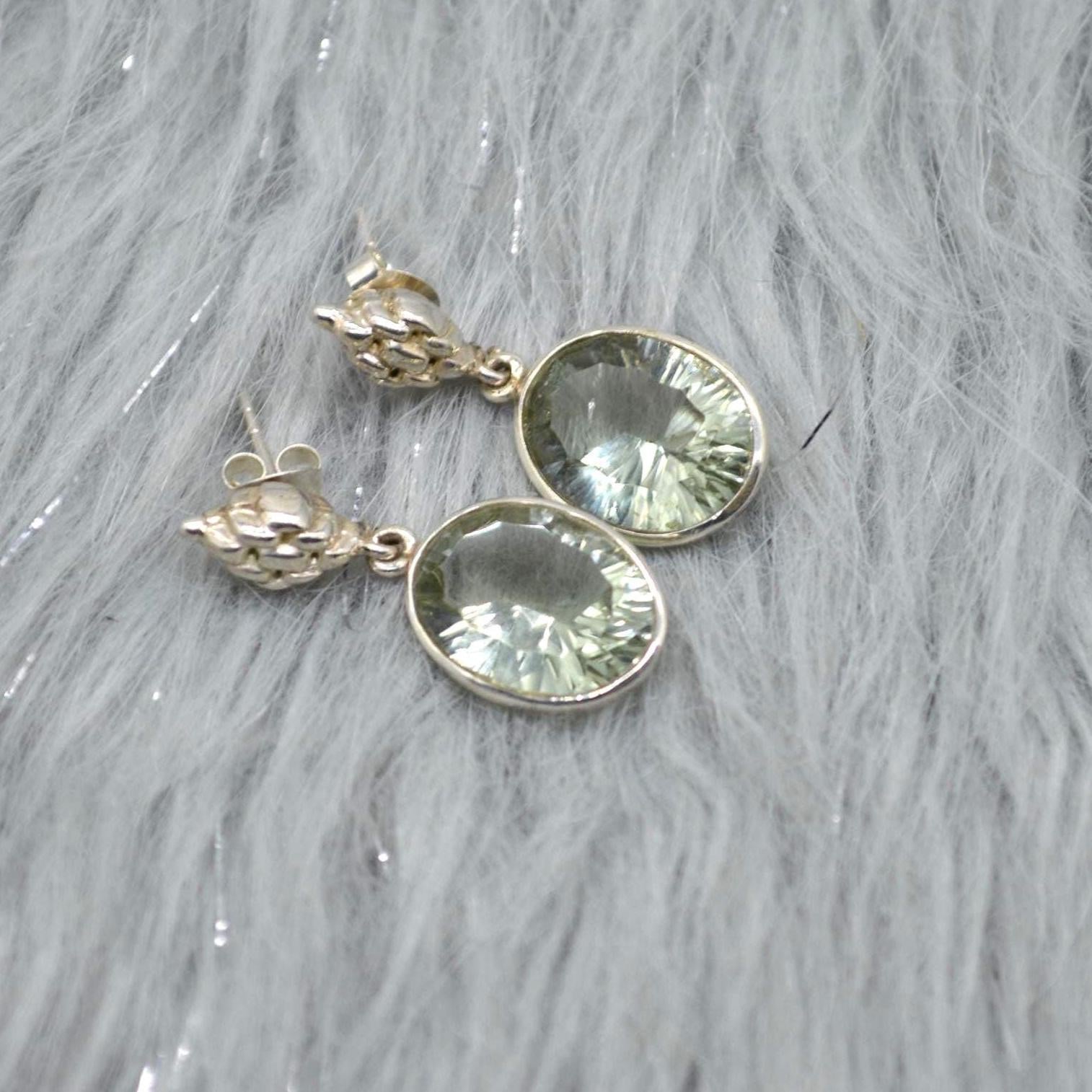 Green Amethyst Silver Earrings, February Birthstone Earrings, Amethyst Jewelry, Green Gemstone Earrings, Oval Drop Earrings For Her