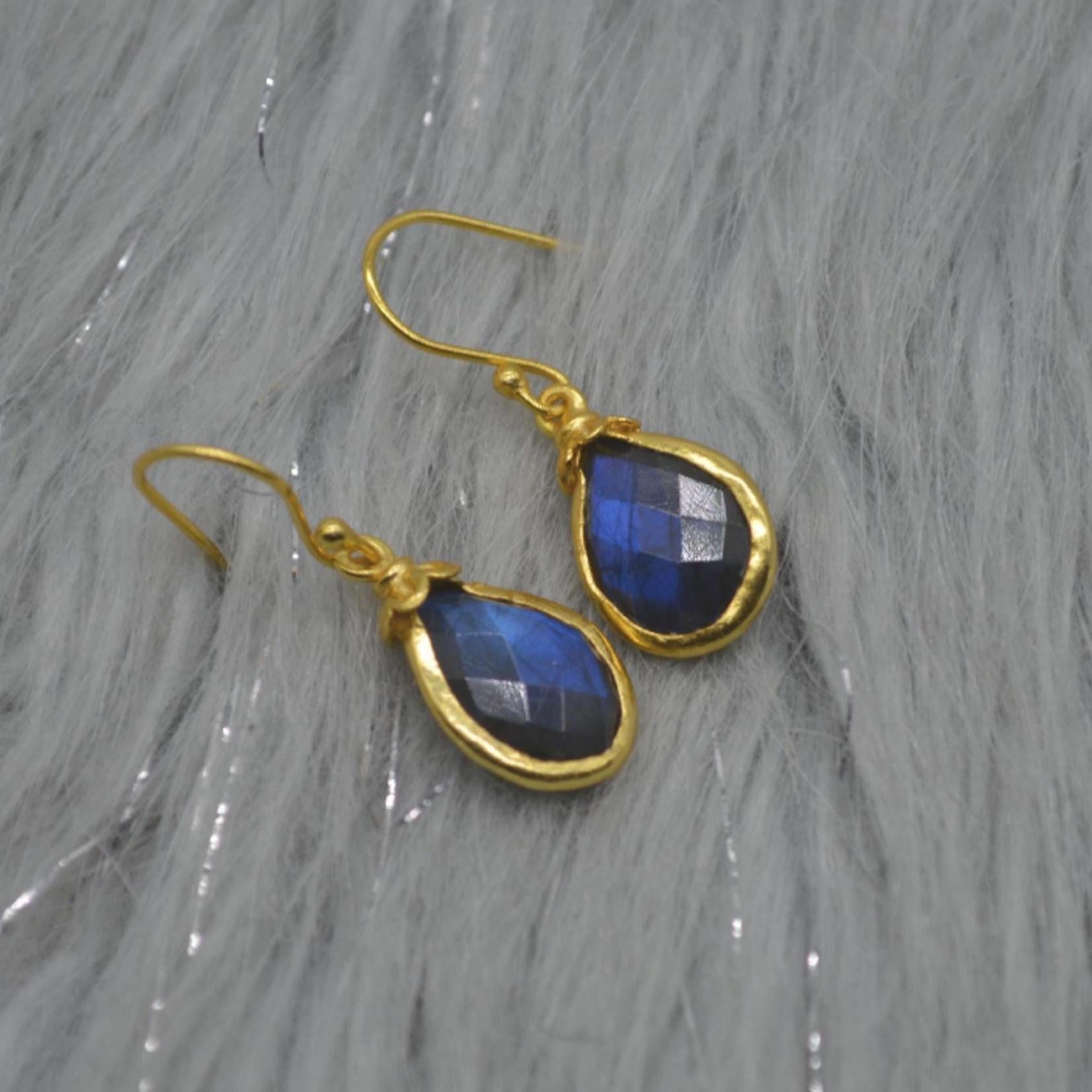 Labradorite Dangle Silver Earrings, Gold Plated Sterling Silver, Handmade Gemstone Earrings, Labradorite Stone Jewelry, Gift For Her