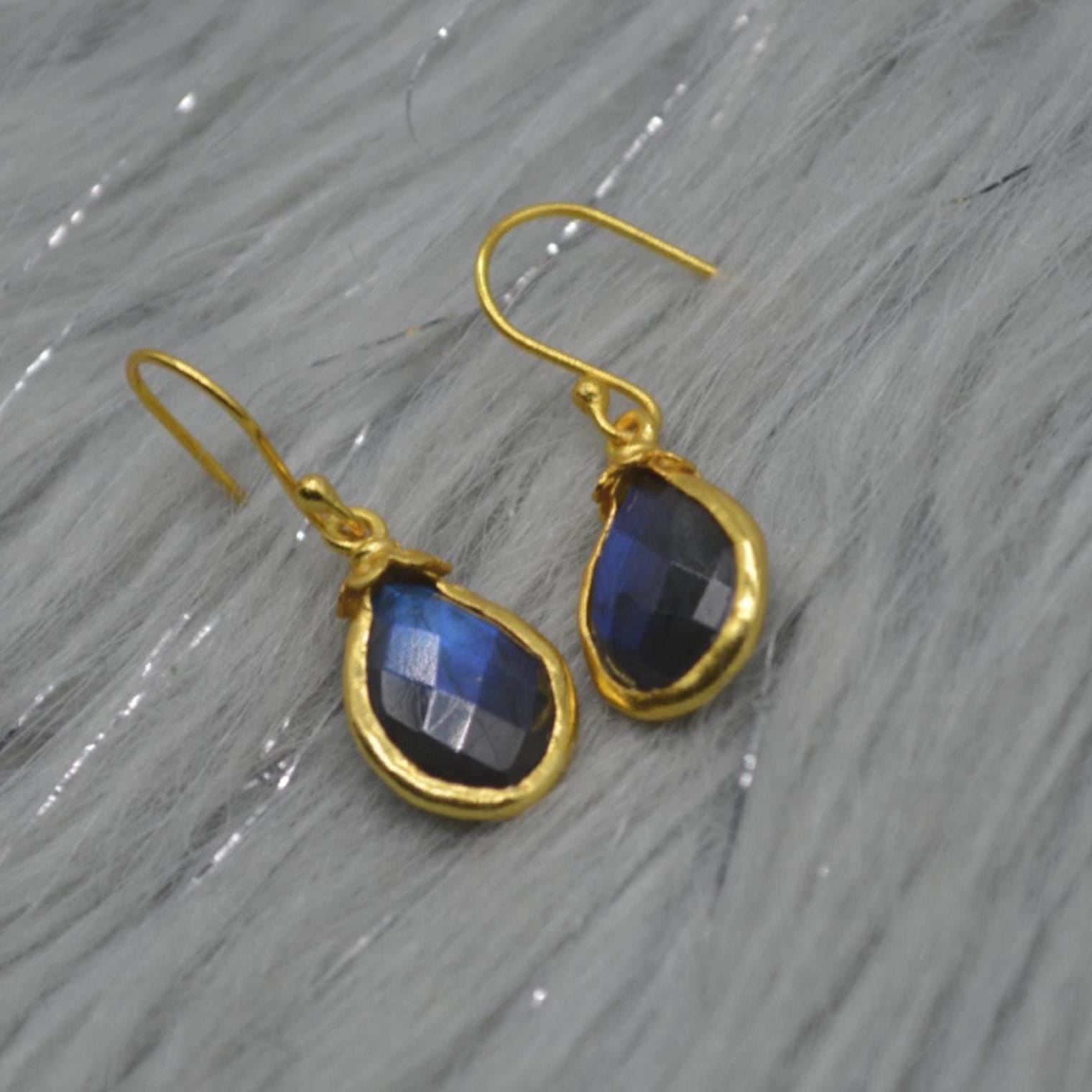 Labradorite Dangle Silver Earrings, Gold Plated Sterling Silver, Handmade Gemstone Earrings, Labradorite Stone Jewelry, Gift For Her