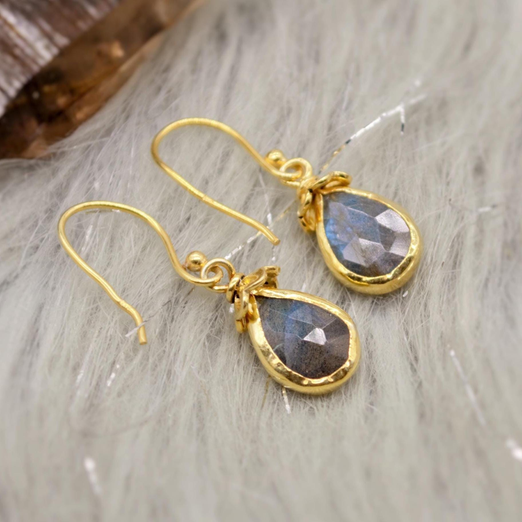 Labradorite Dangle Silver Earrings, Gold Plated Sterling Silver, Handmade Gemstone Earrings, Labradorite Stone Jewelry, Gift For Her