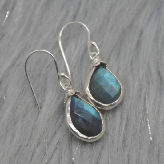 Labradorite Dangle Silver Earrings, Gold Plated Sterling Silver, Handmade Gemstone Earrings, Labradorite Stone Jewelry, Gift For Her