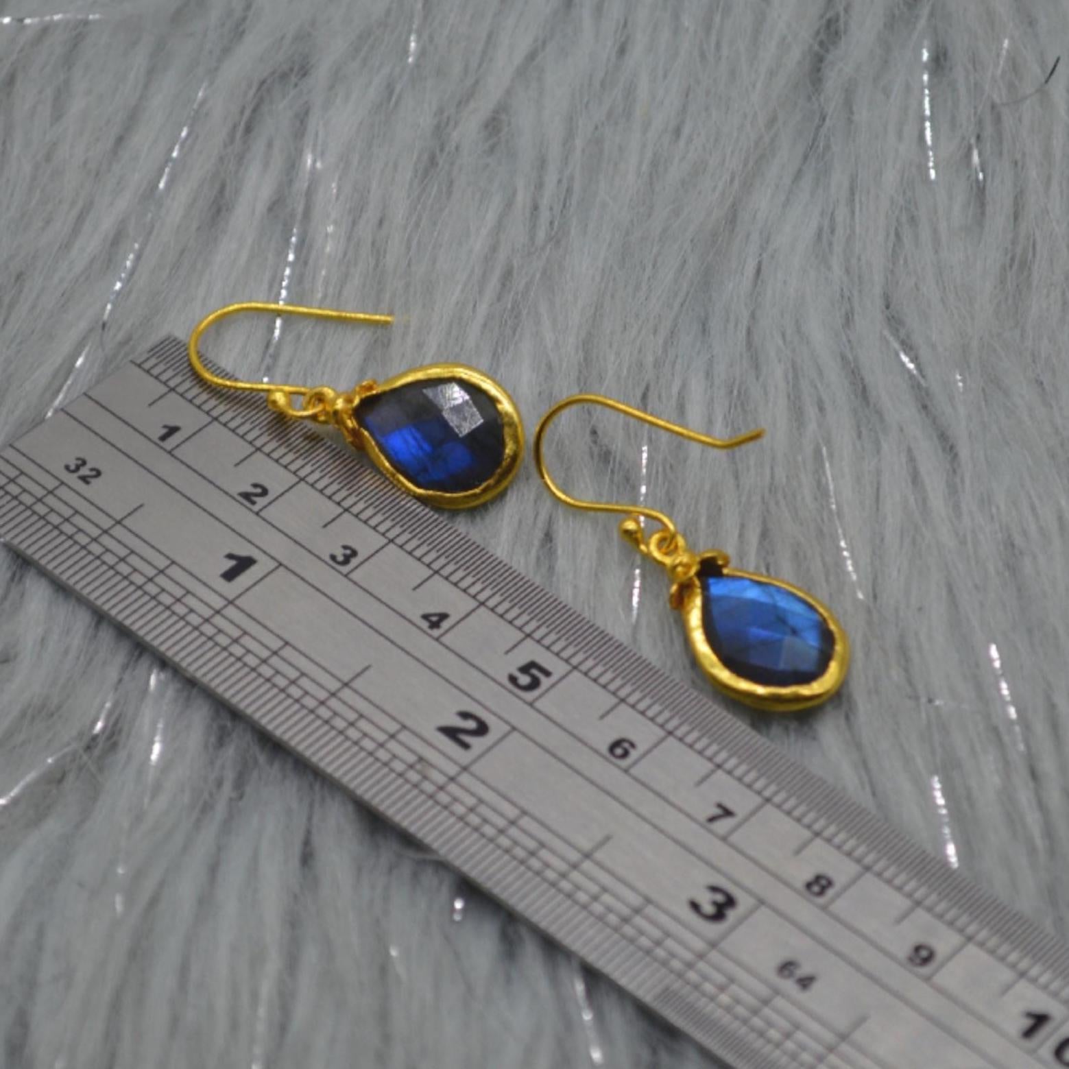 Labradorite Dangle Silver Earrings, Gold Plated Sterling Silver, Handmade Gemstone Earrings, Labradorite Stone Jewelry, Gift For Her