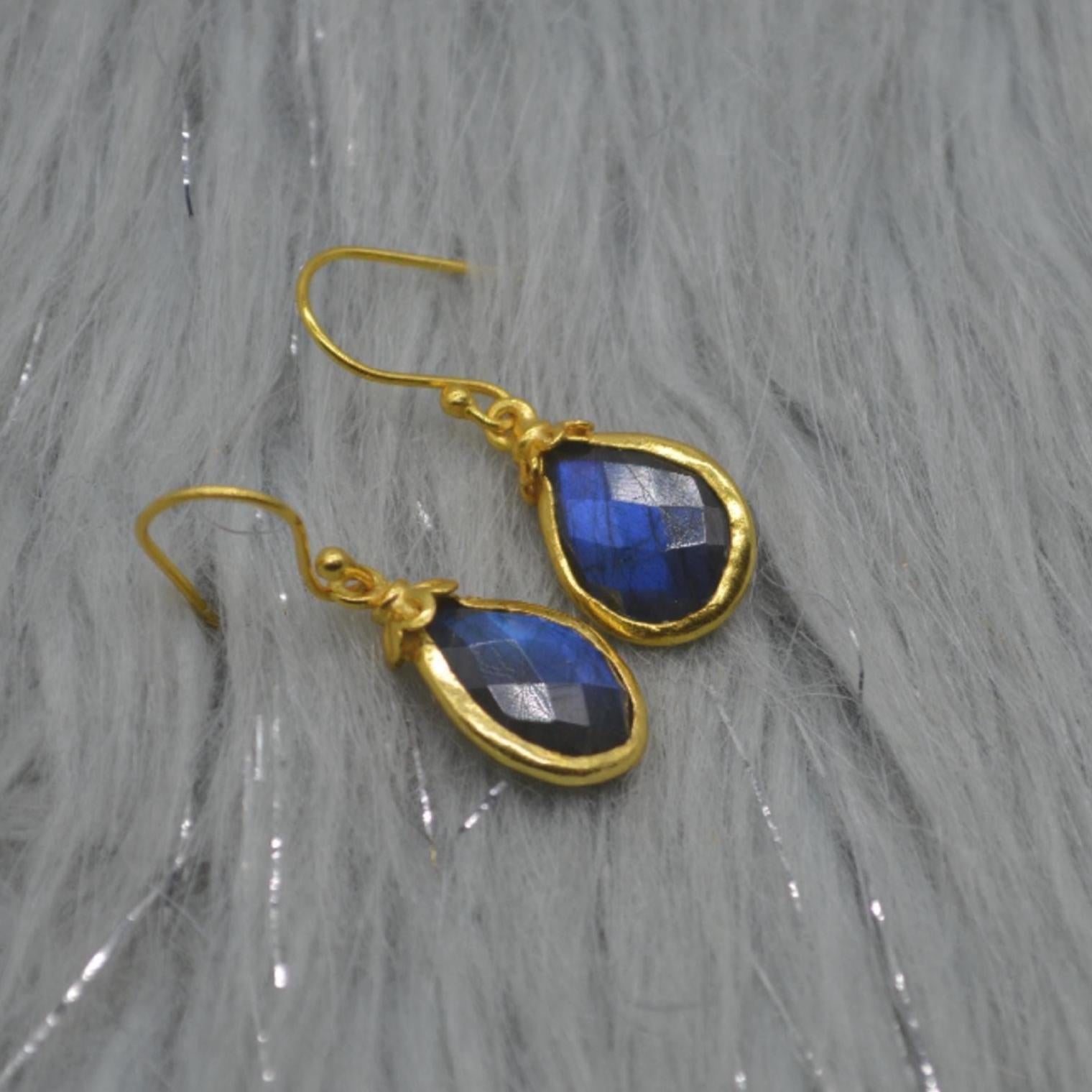 Labradorite Dangle Silver Earrings, Gold Plated Sterling Silver, Handmade Gemstone Earrings, Labradorite Stone Jewelry, Gift For Her
